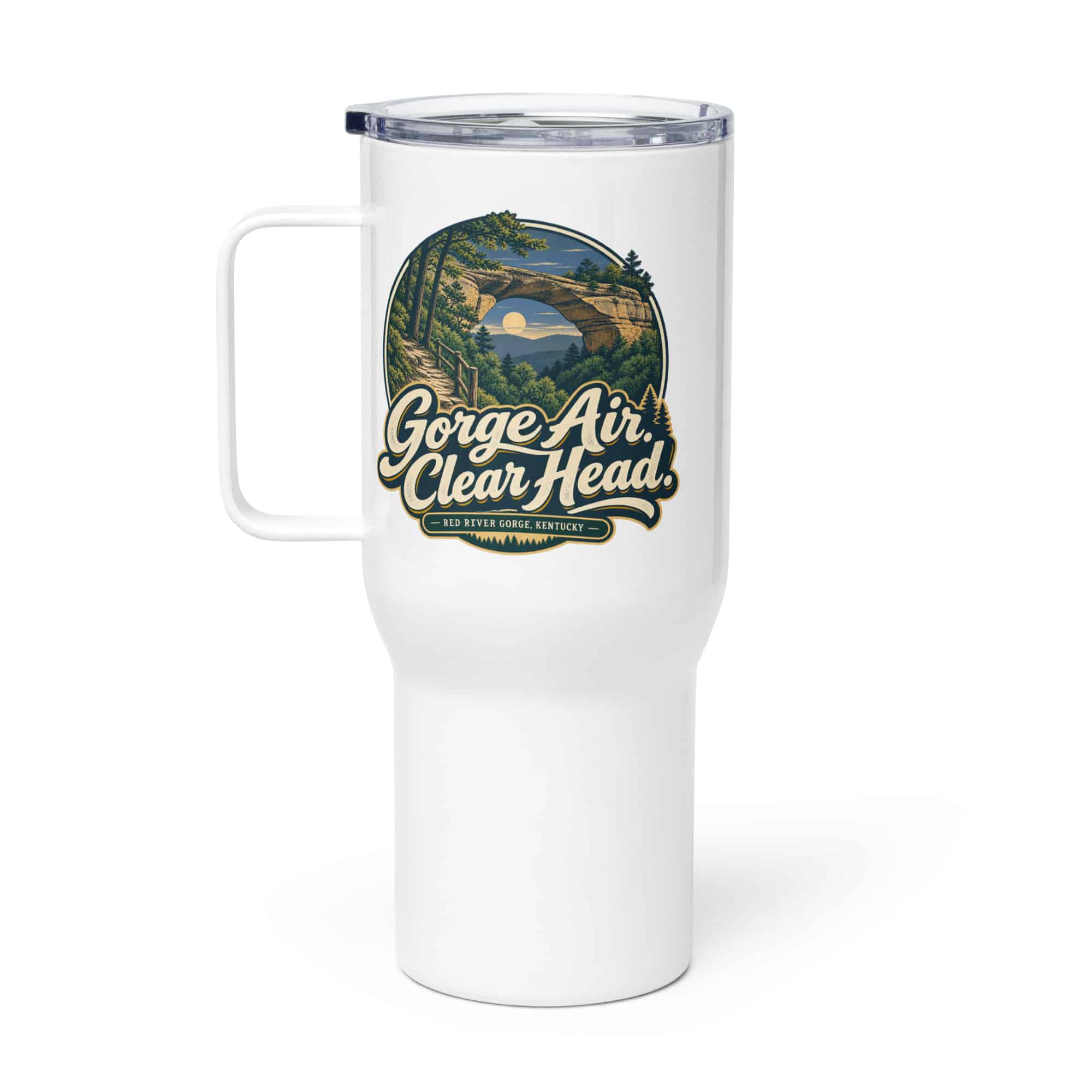 Red River Gorge Travel Mug: Gorge Air. Clear Head, Woodland Scenic Lettering