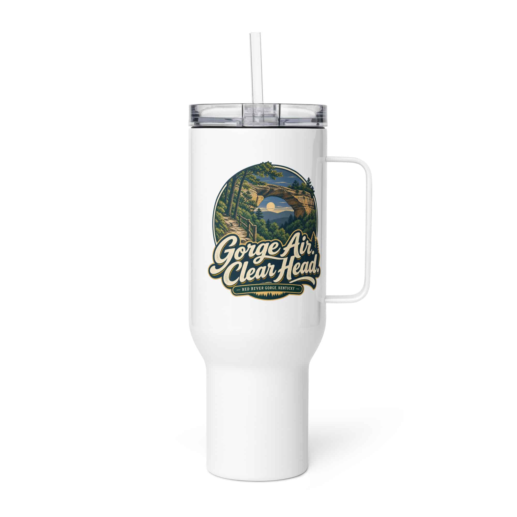 Red River Gorge Travel Mug: Gorge Air. Clear Head, Woodland Scenic Lettering