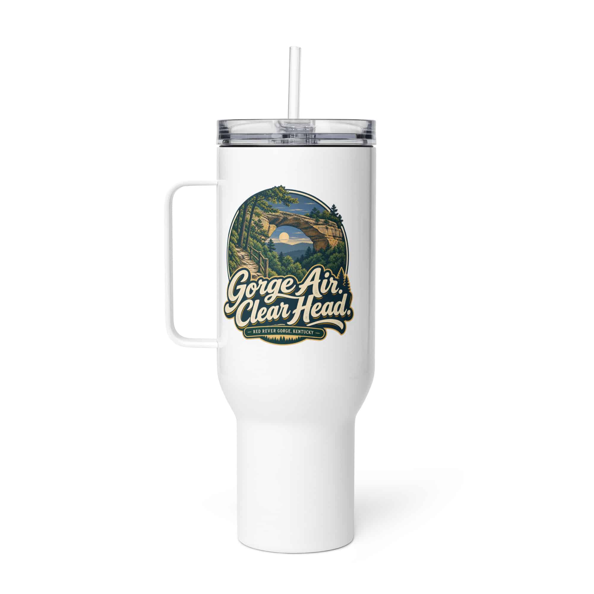 Red River Gorge Travel Mug: Gorge Air. Clear Head, Woodland Scenic Lettering