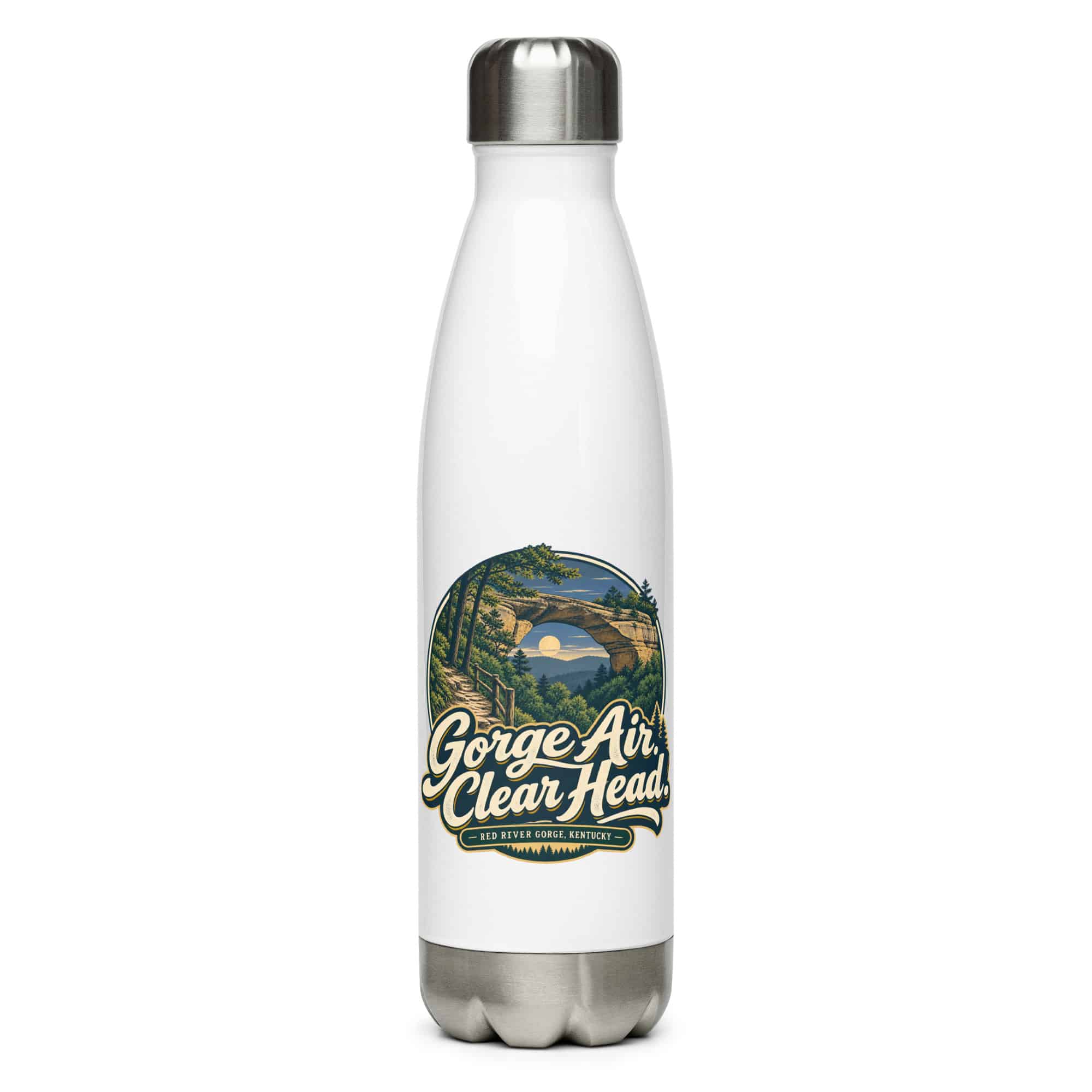 Red River Gorge Stainless Steel Water Bottle: Gorge Air. Clear Head, Woodland Scenic Lettering