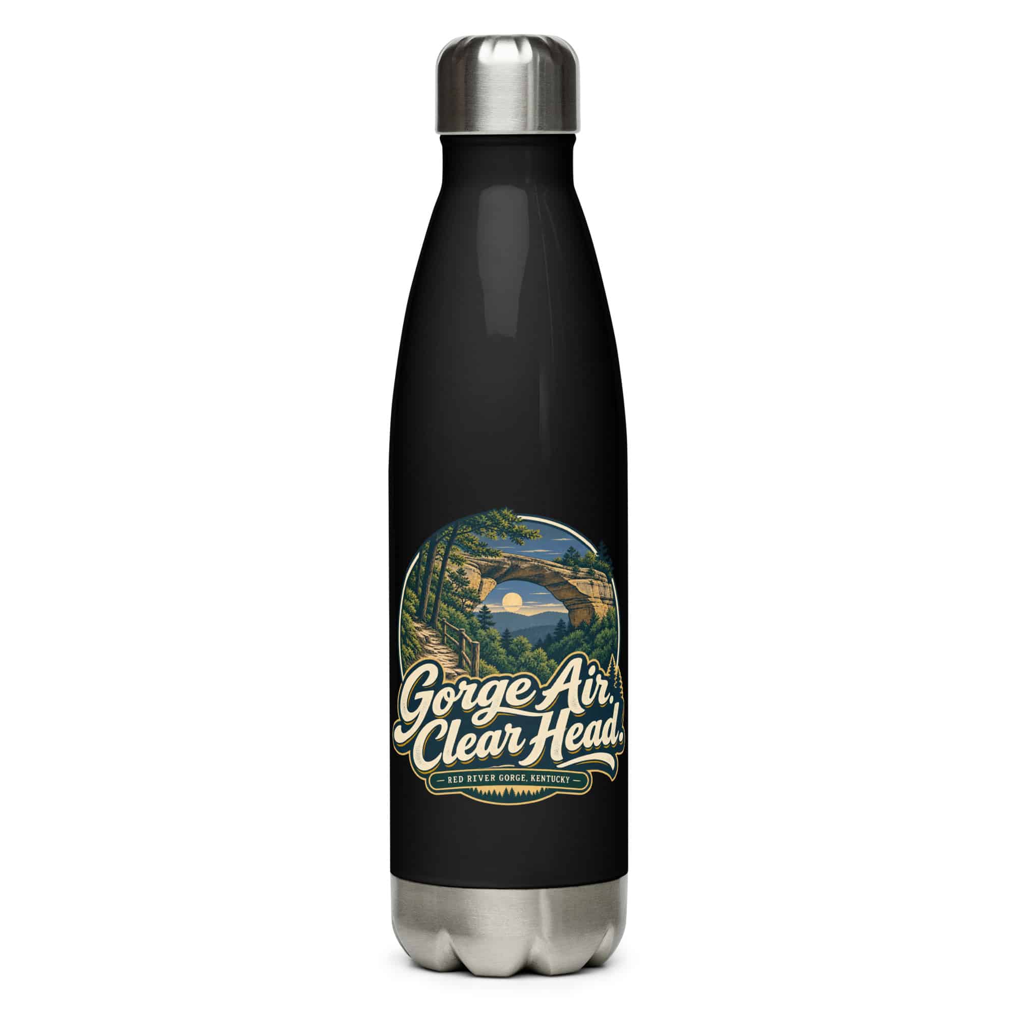 Red River Gorge Stainless Steel Water Bottle: Gorge Air. Clear Head, Woodland Scenic Lettering