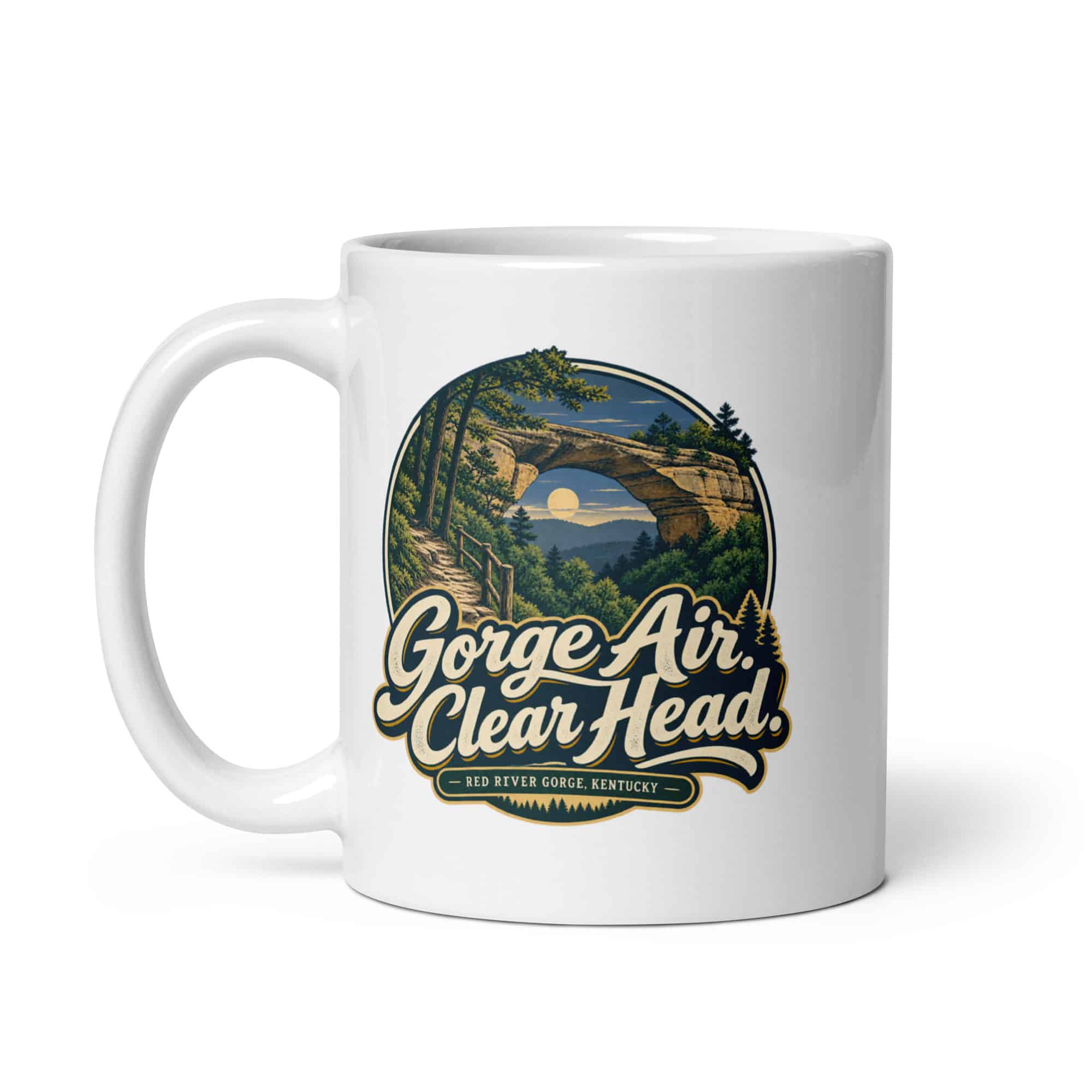 Red River Gorge White Ceramic Coffee Mug: Gorge Air. Clear Head, Woodland Scenic Lettering