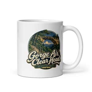 Red River Gorge White Ceramic Coffee Mug: Gorge Air. Clear Head, Woodland Scenic Lettering - 11 oz - Main