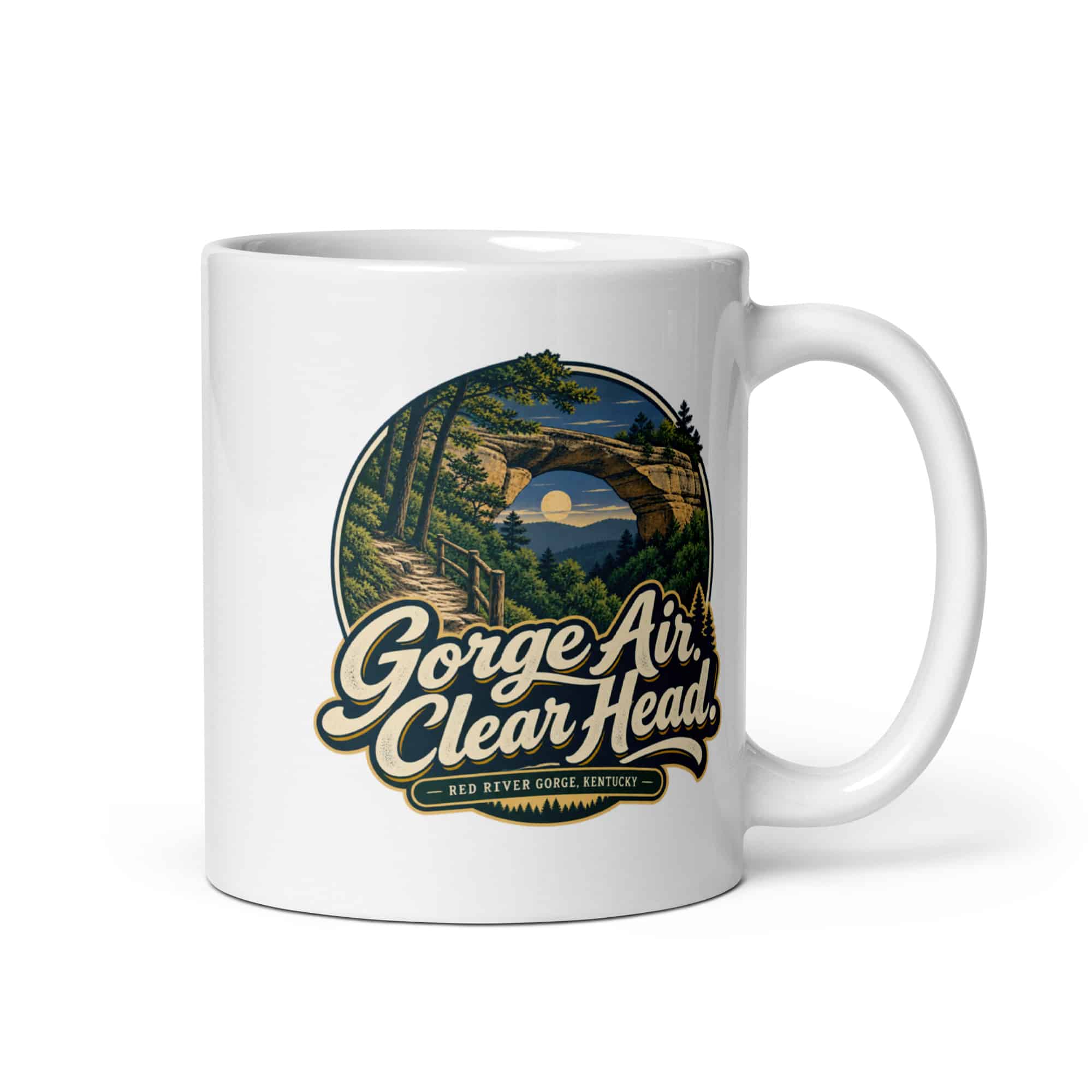 Red River Gorge White Ceramic Coffee Mug: Gorge Air. Clear Head, Woodland Scenic Lettering