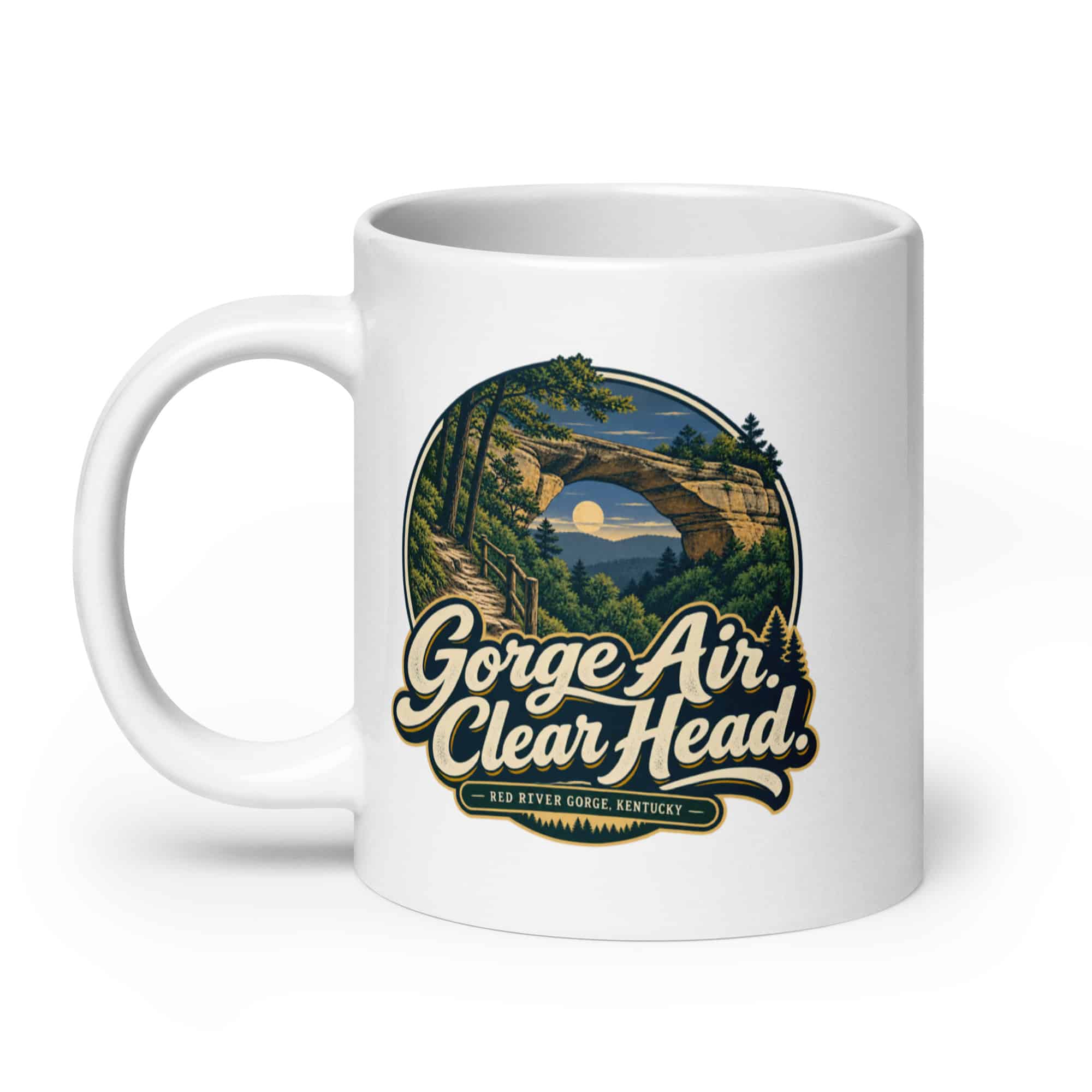 Red River Gorge White Ceramic Coffee Mug: Gorge Air. Clear Head, Woodland Scenic Lettering