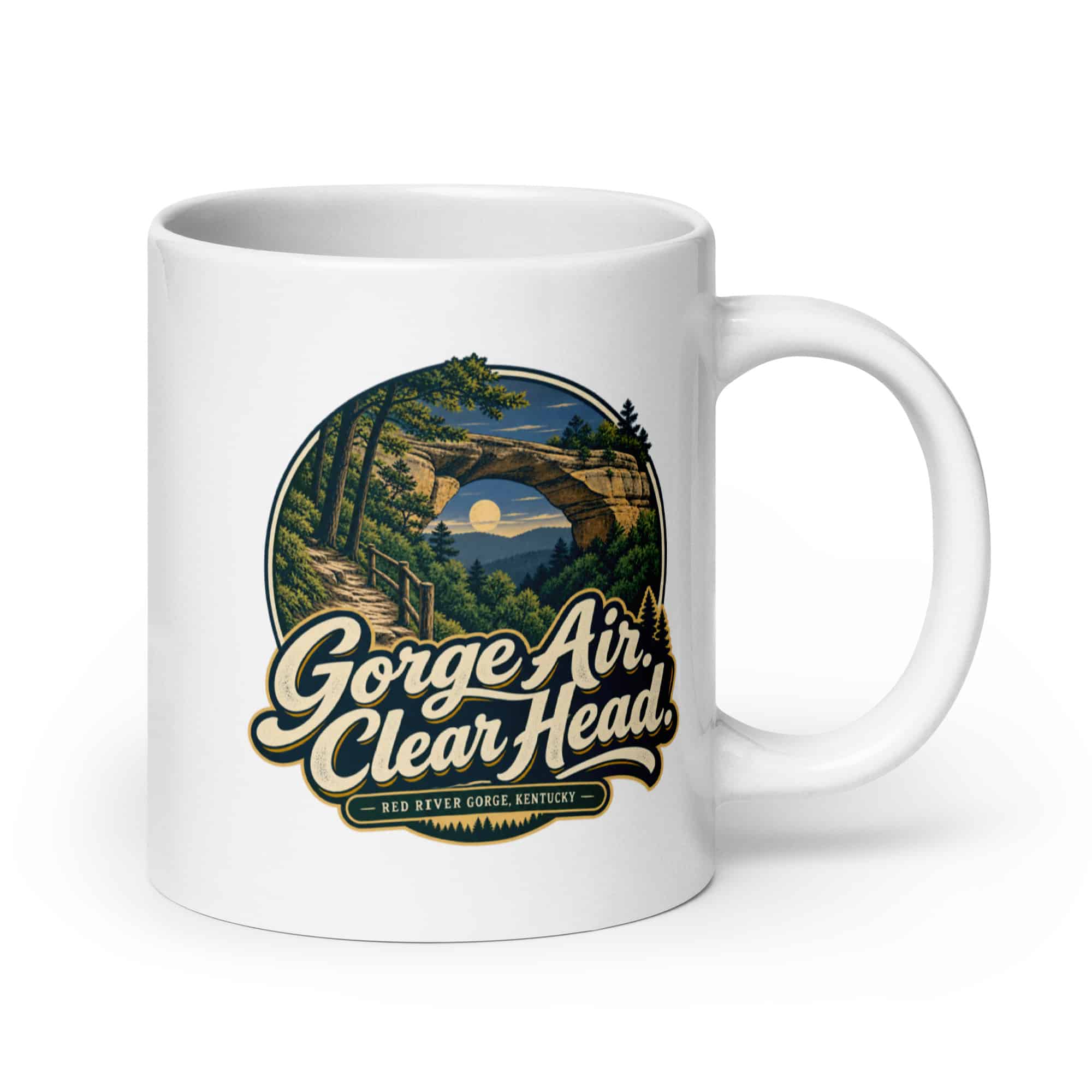 Red River Gorge White Ceramic Coffee Mug: Gorge Air. Clear Head, Woodland Scenic Lettering