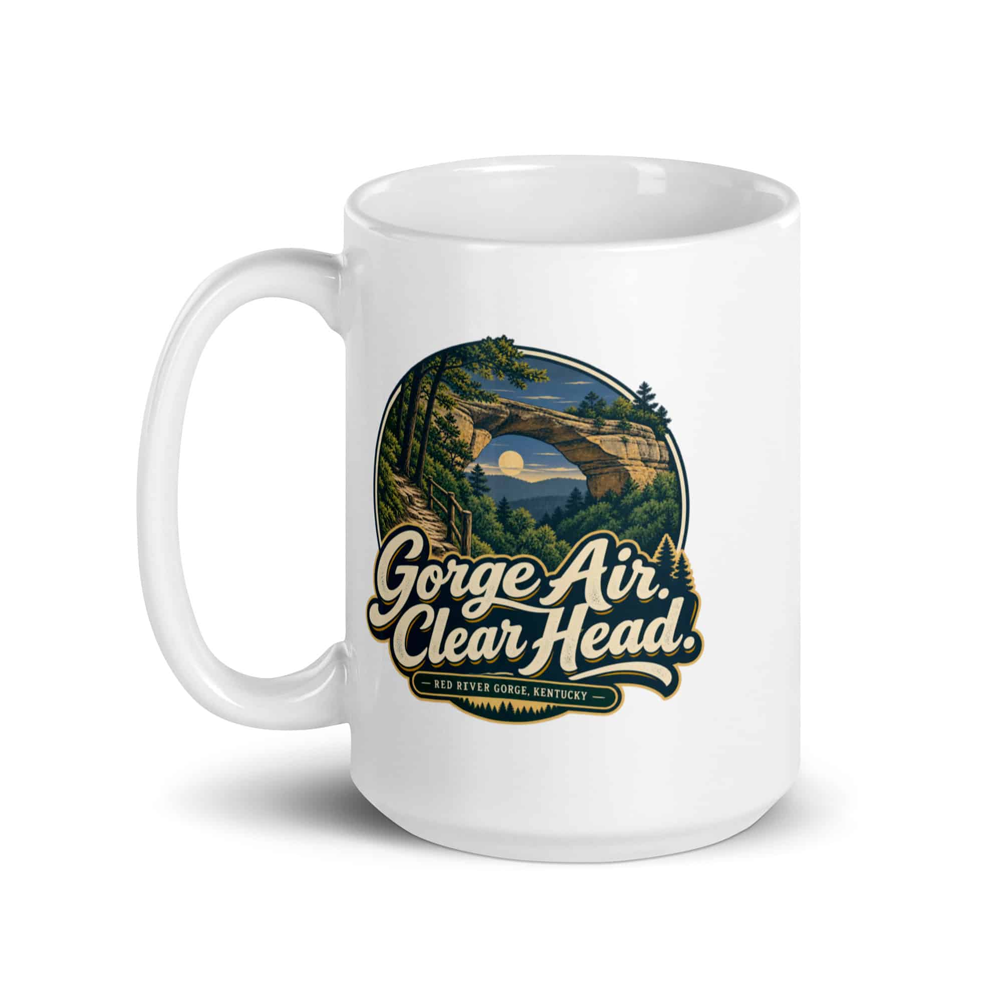 Red River Gorge White Ceramic Coffee Mug: Gorge Air. Clear Head, Woodland Scenic Lettering