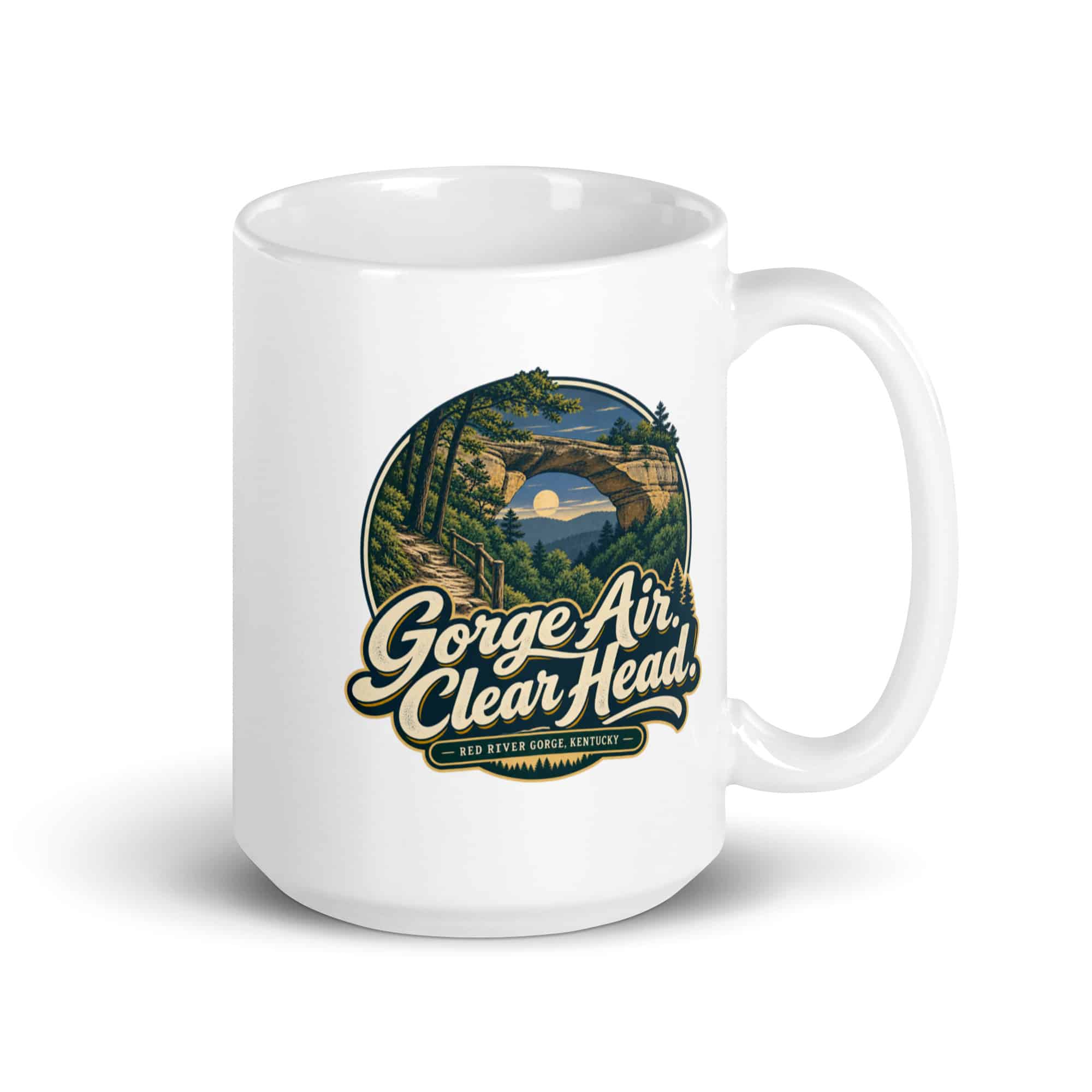 Red River Gorge White Ceramic Coffee Mug: Gorge Air. Clear Head, Woodland Scenic Lettering