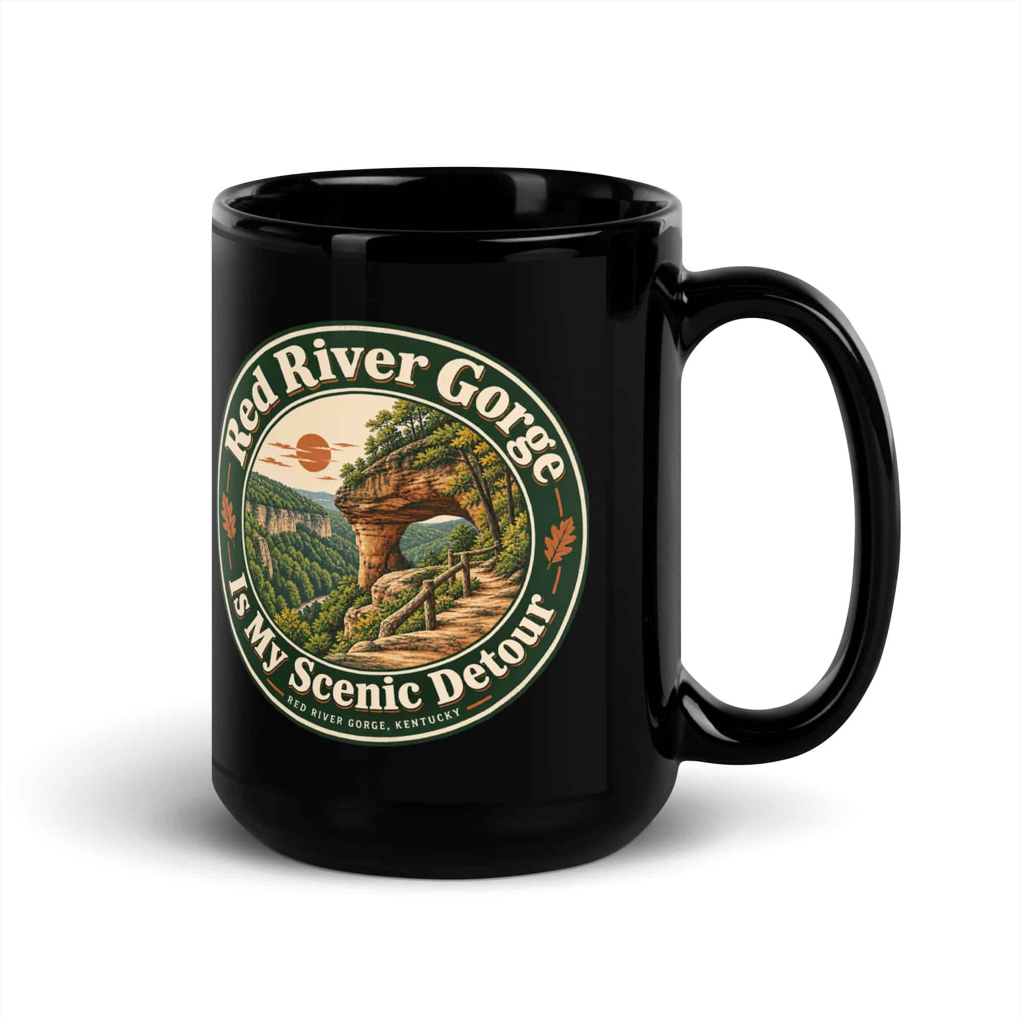 Red River Gorge Black Coffee Mug: Red River Gorge Is My Scenic Detour, Vintage Round Badge