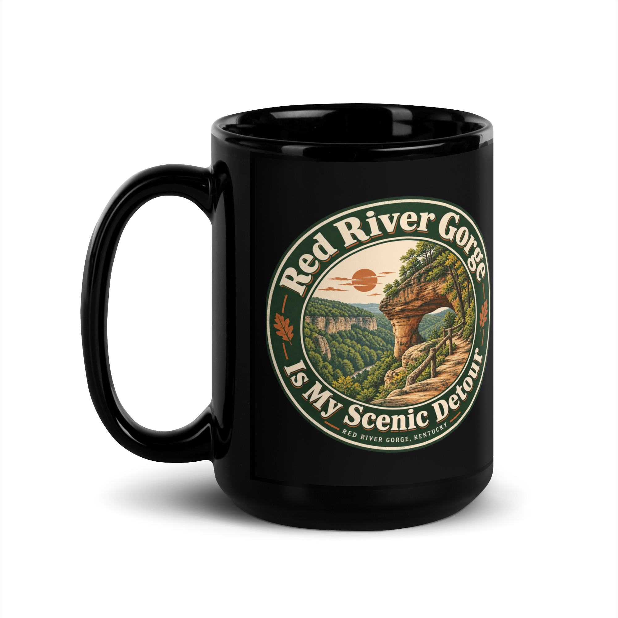 Red River Gorge Black Coffee Mug: Red River Gorge Is My Scenic Detour, Vintage Round Badge