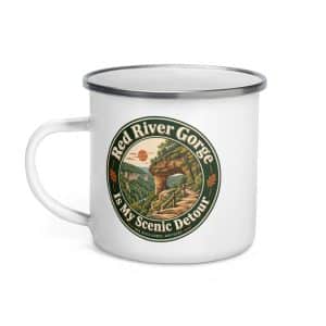 Red River Gorge Enamel Camp Mug: Red River Gorge Is My Scenic Detour, Vintage Round Badge - 12 oz - Left