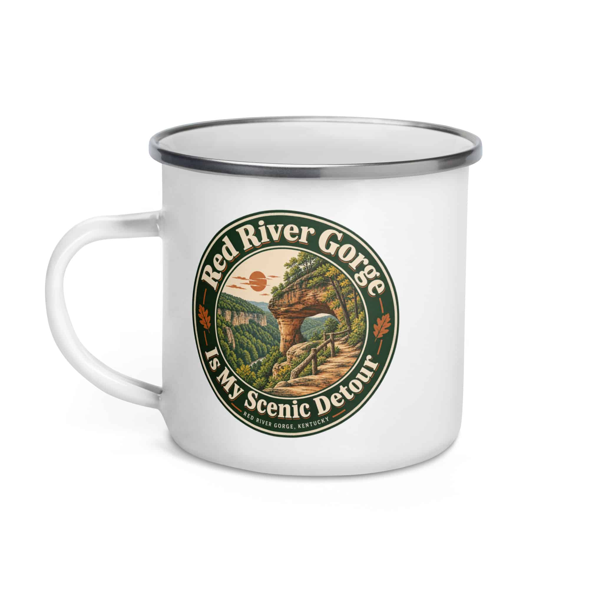 Red River Gorge Enamel Camp Mug: Red River Gorge Is My Scenic Detour, Vintage Round Badge