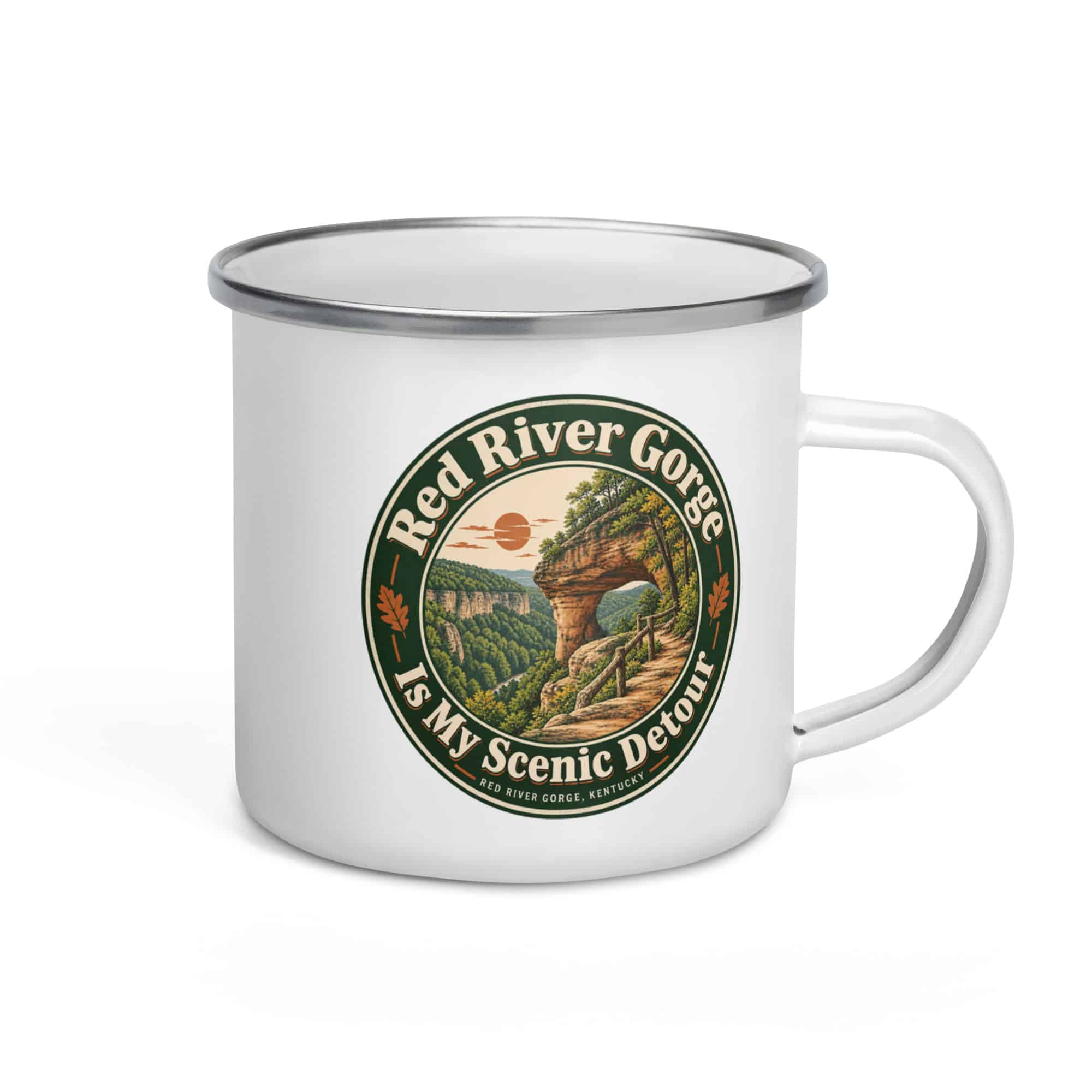 Red River Gorge Enamel Camp Mug: Red River Gorge Is My Scenic Detour, Vintage Round Badge