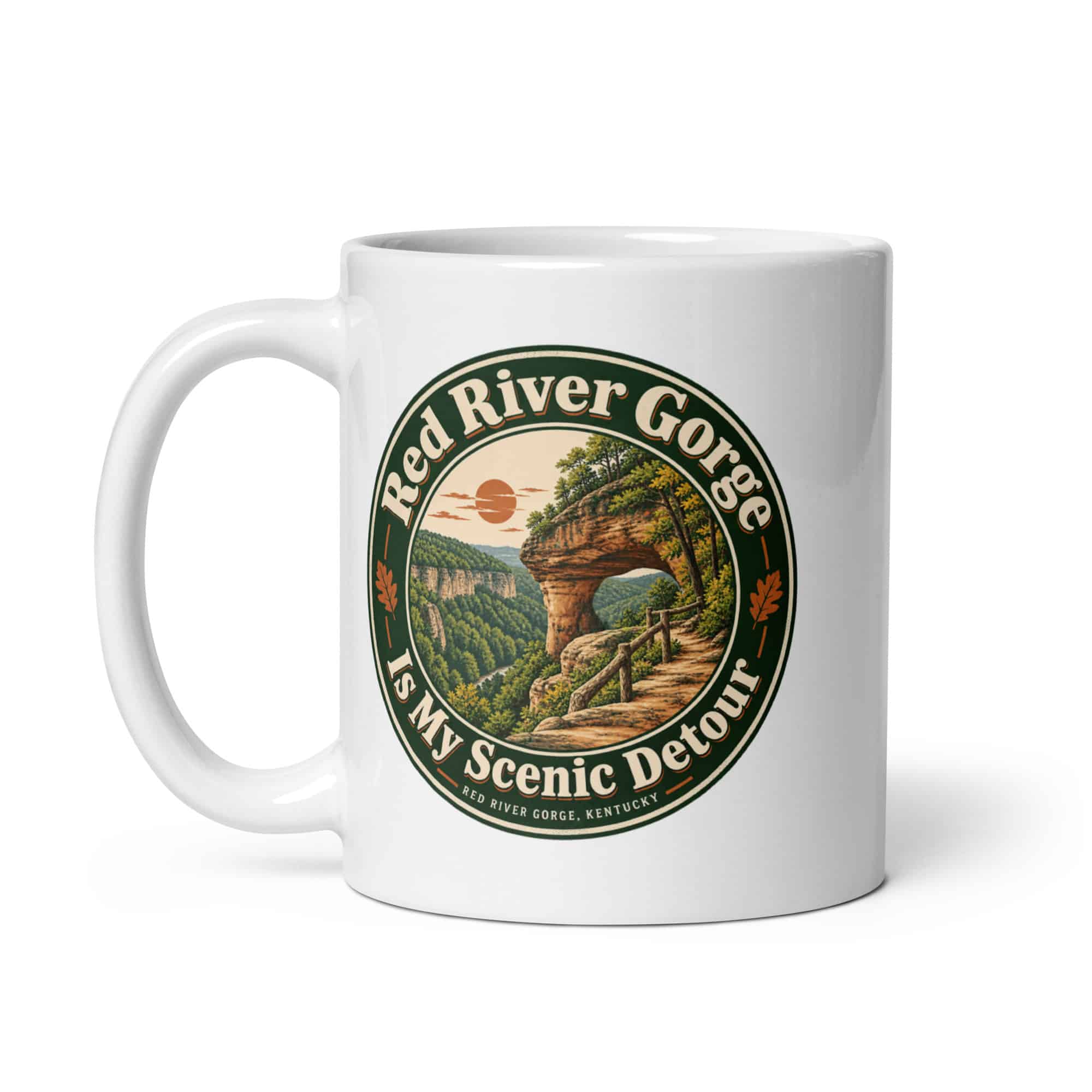 Red River Gorge White Ceramic Coffee Mug: Red River Gorge Is My Scenic Detour, Vintage Round Badge