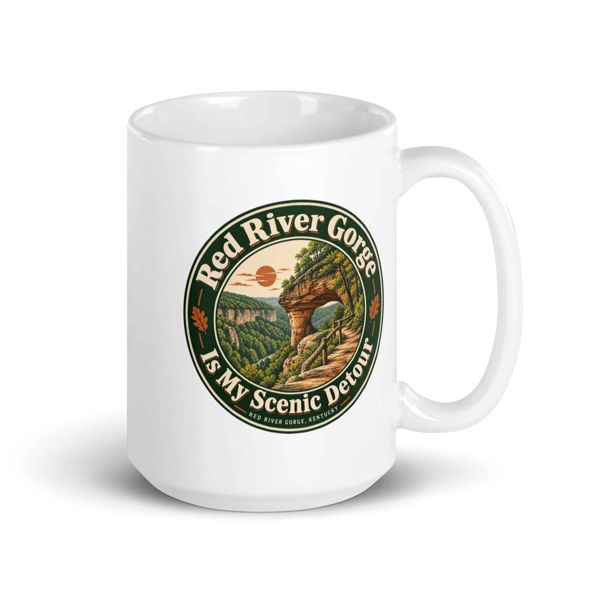 Red River Gorge White Ceramic Coffee Mug: Red River Gorge Is My Scenic Detour, Vintage Round Badge