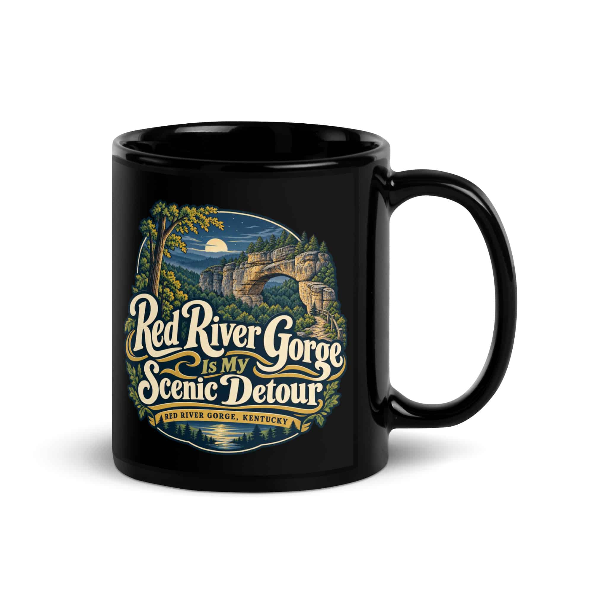 Red River Gorge Black Coffee Mug: Red River Gorge Is My Scenic Detour, Woodland Scenic Lettering