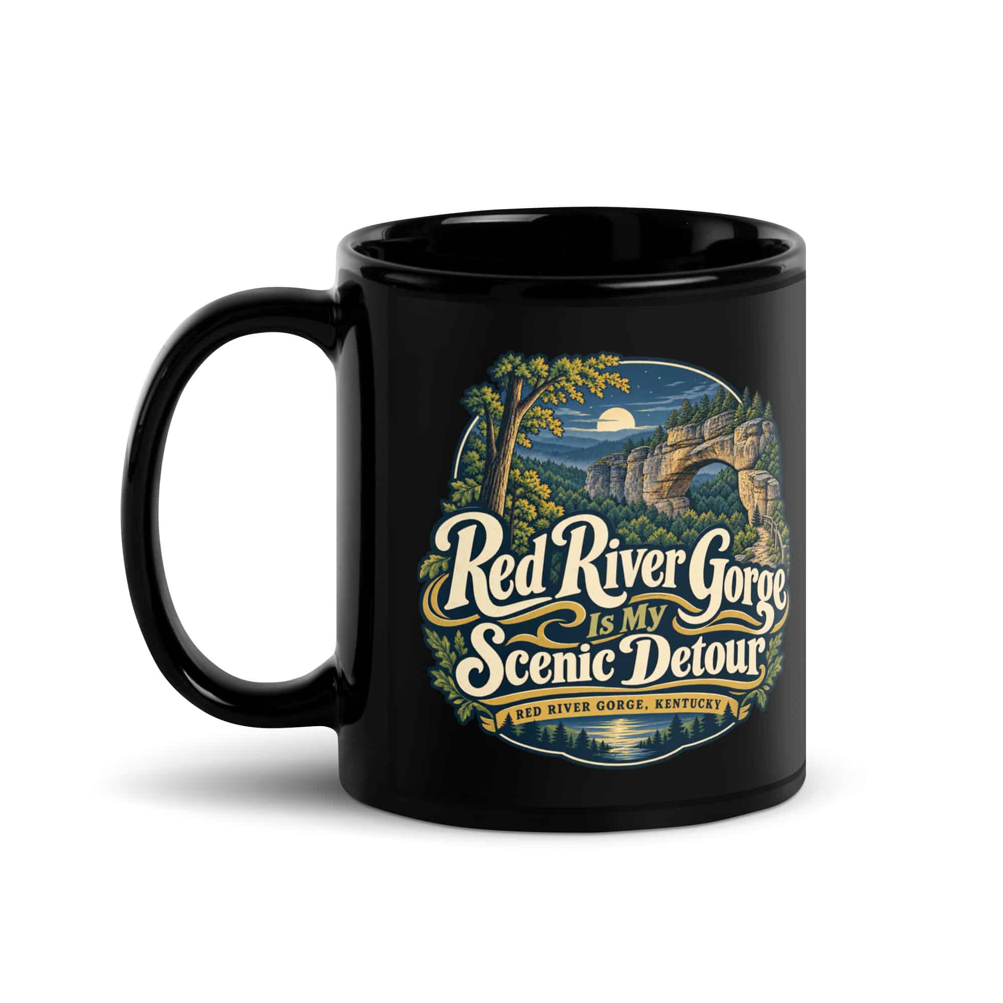 Red River Gorge Black Coffee Mug: Red River Gorge Is My Scenic Detour, Woodland Scenic Lettering