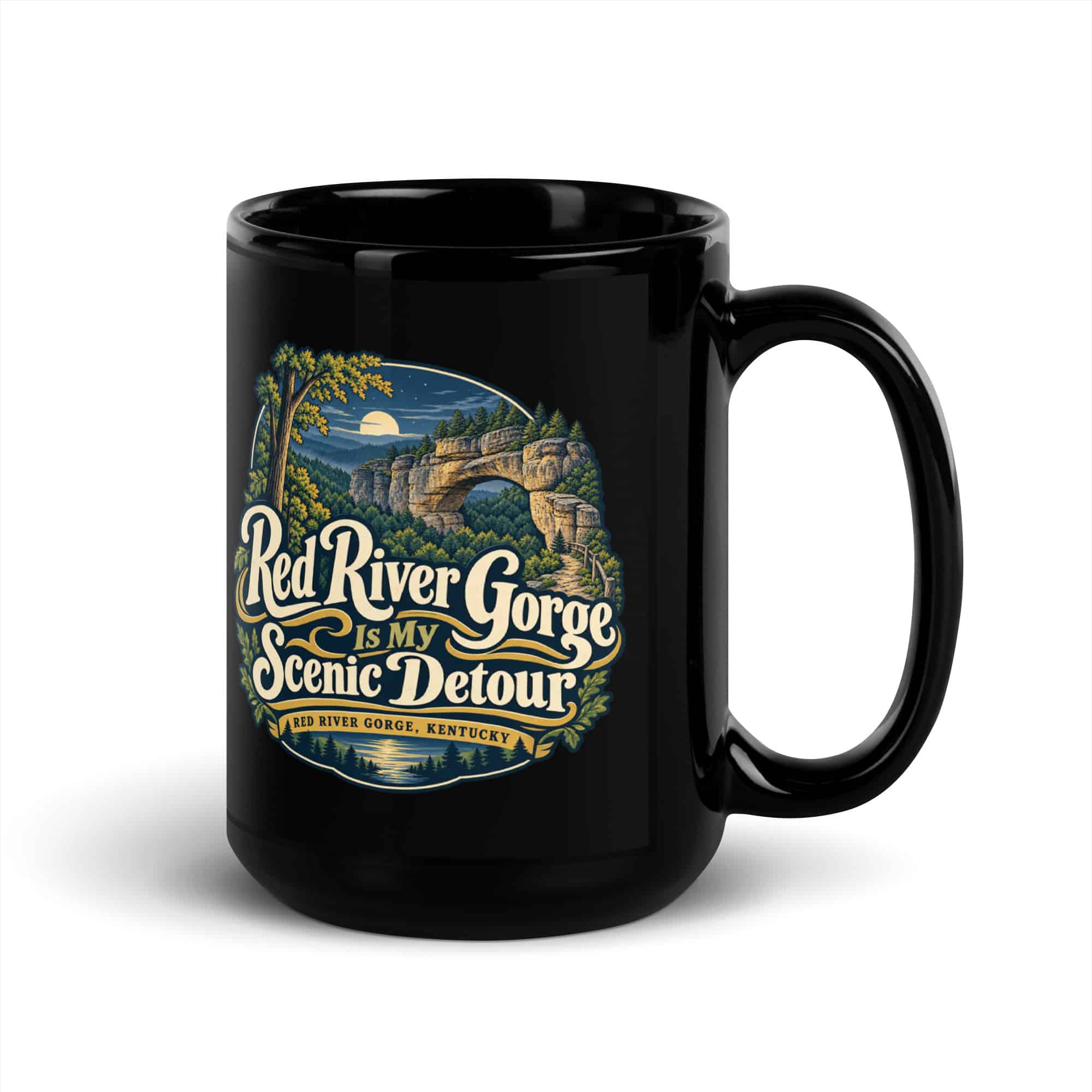 Red River Gorge Black Coffee Mug: Red River Gorge Is My Scenic Detour, Woodland Scenic Lettering