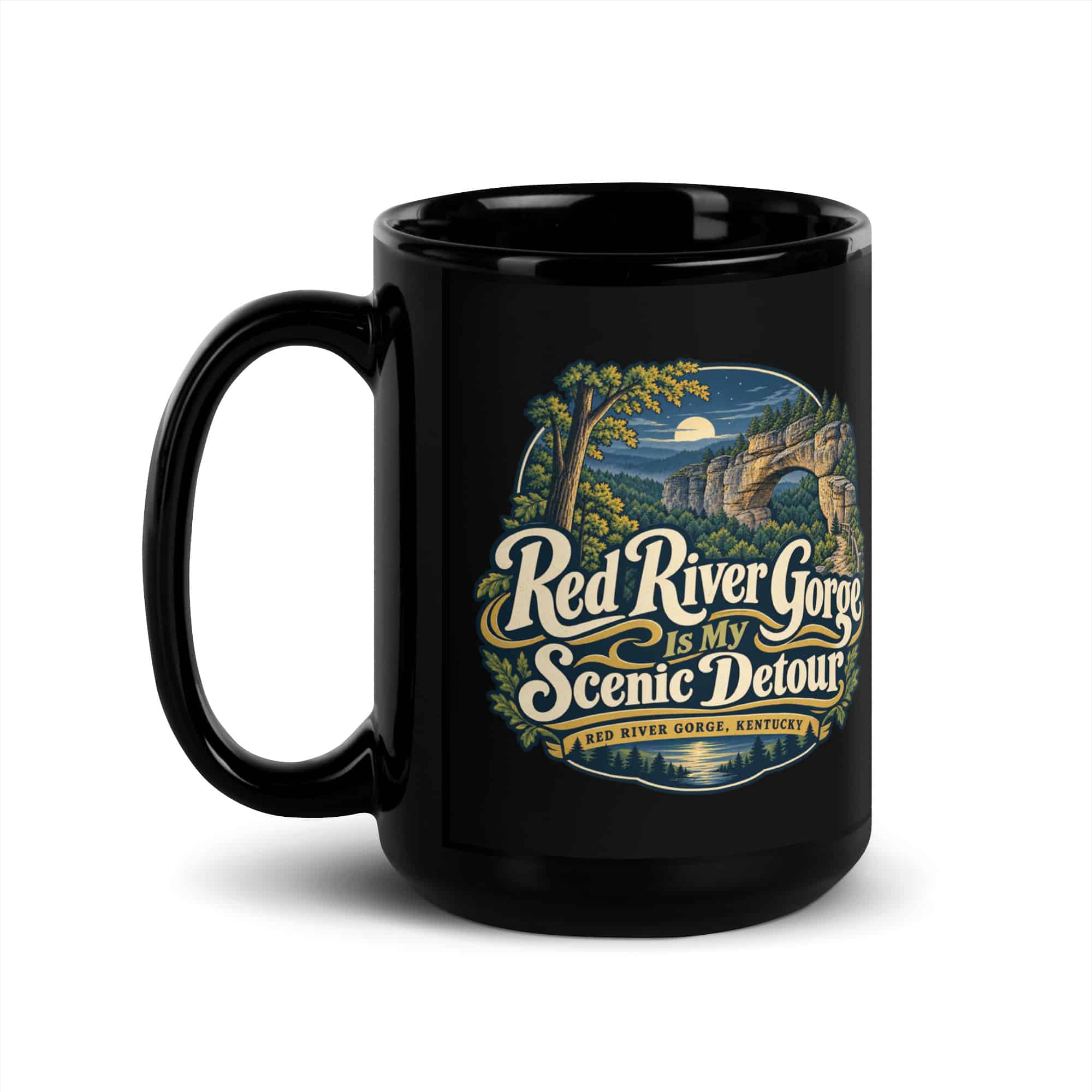 Red River Gorge Black Coffee Mug: Red River Gorge Is My Scenic Detour, Woodland Scenic Lettering