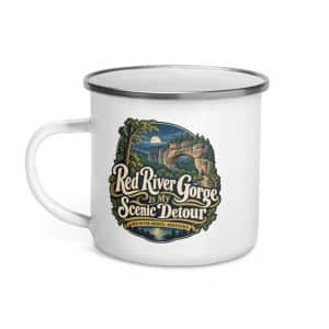 Red River Gorge Enamel Camp Mug: Red River Gorge Is My Scenic Detour, Woodland Scenic Lettering - 12 oz - Left