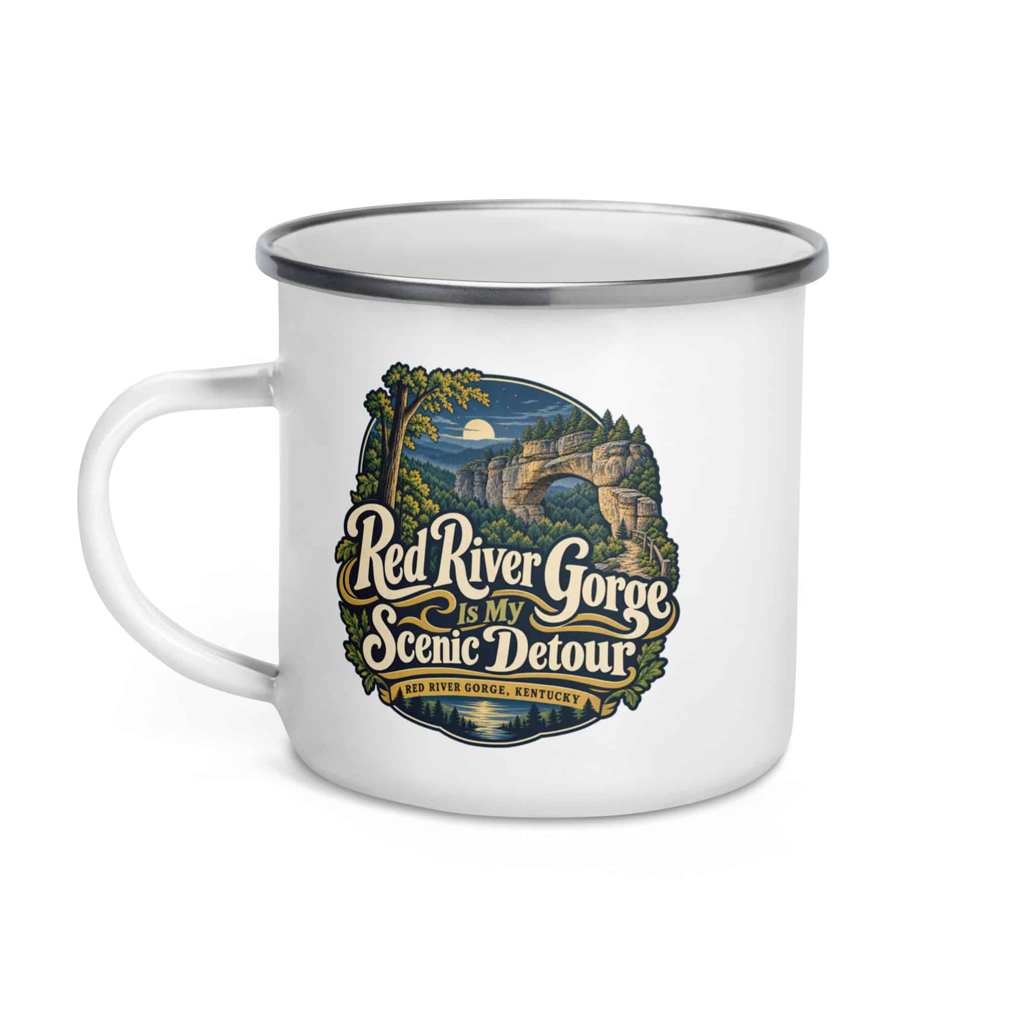 Red River Gorge Enamel Camp Mug: Red River Gorge Is My Scenic Detour, Woodland Scenic Lettering