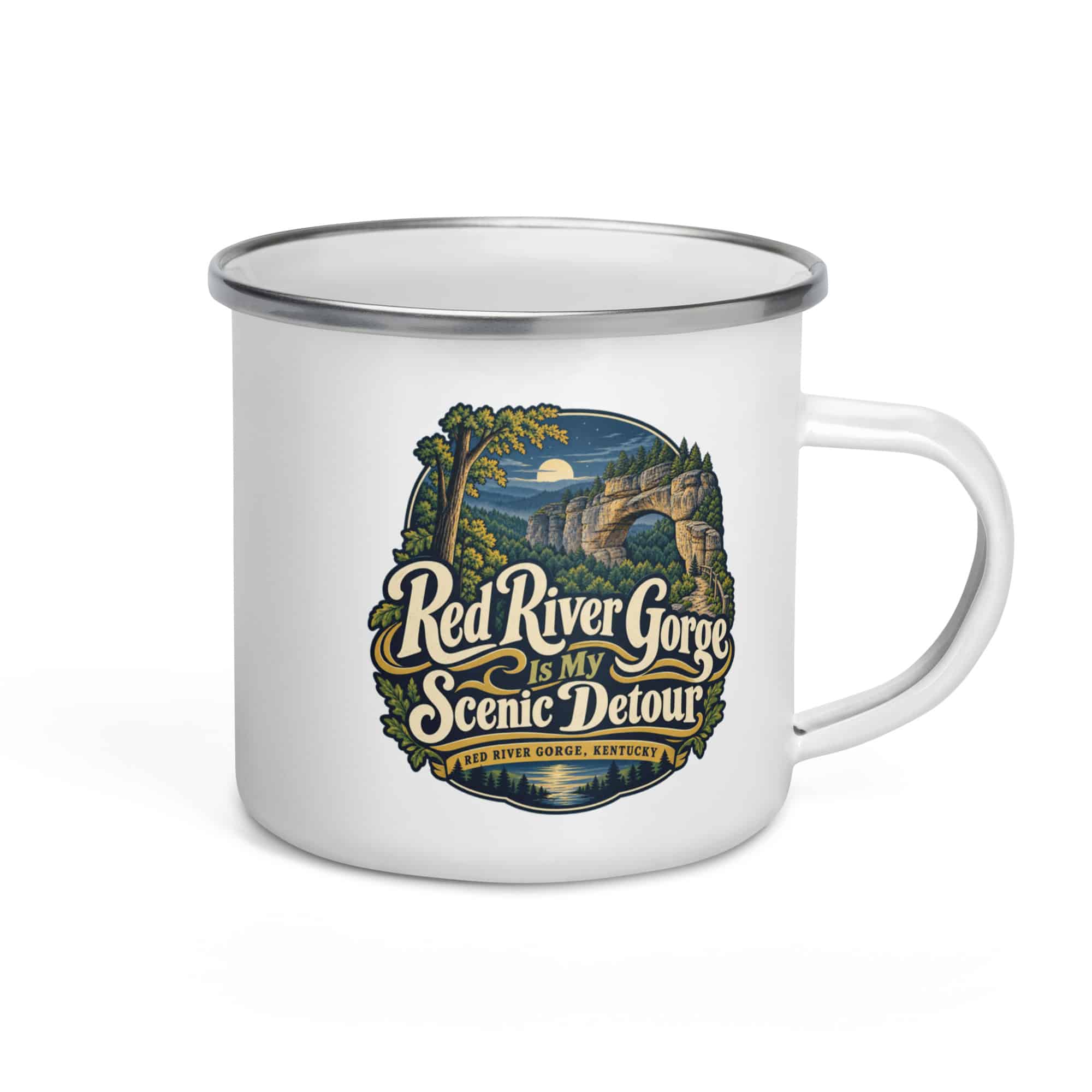 Red River Gorge Enamel Camp Mug: Red River Gorge Is My Scenic Detour, Woodland Scenic Lettering