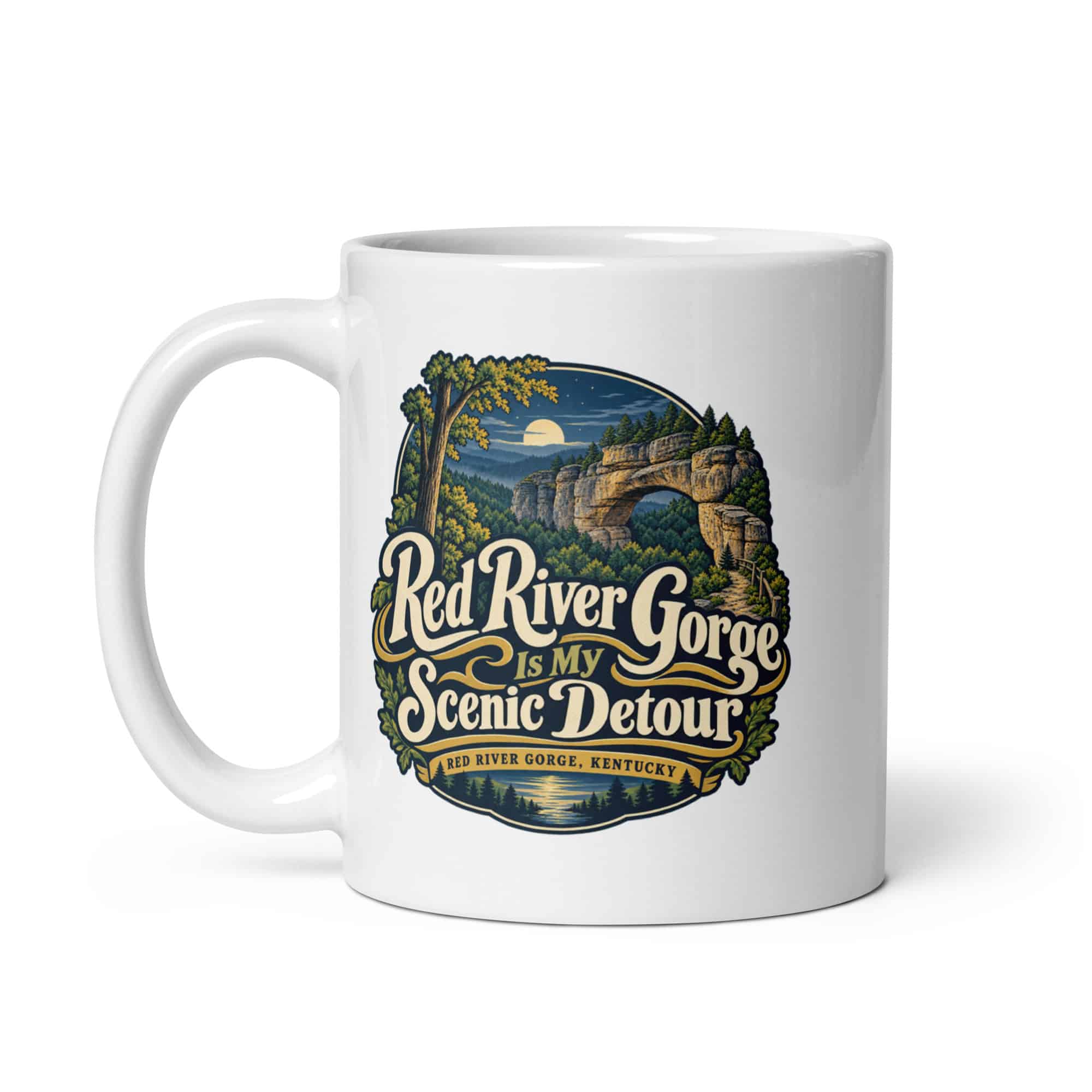 Red River Gorge White Ceramic Coffee Mug: Red River Gorge Is My Scenic Detour, Woodland Scenic Lettering