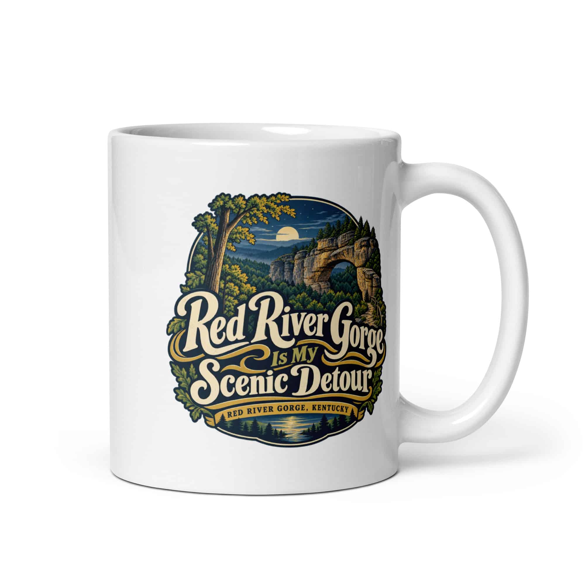 Red River Gorge White Ceramic Coffee Mug: Red River Gorge Is My Scenic Detour, Woodland Scenic Lettering