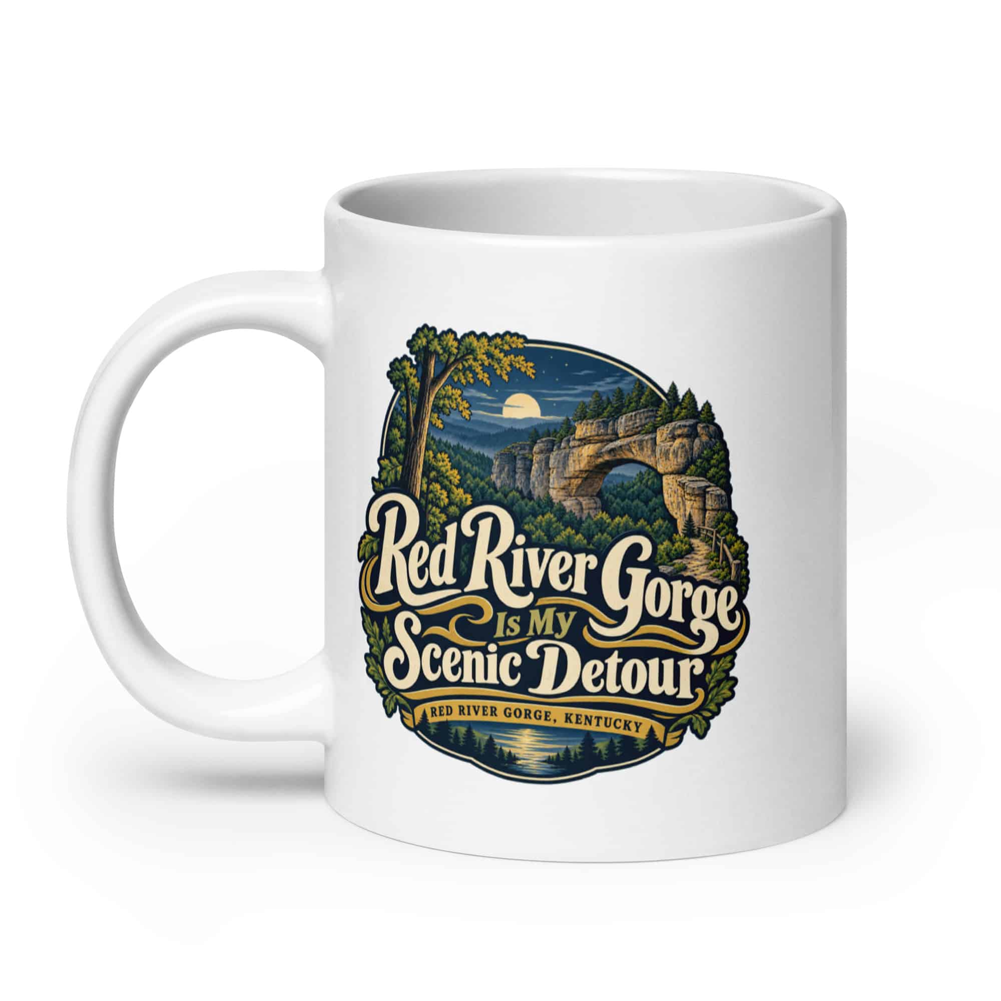 Red River Gorge White Ceramic Coffee Mug: Red River Gorge Is My Scenic Detour, Woodland Scenic Lettering