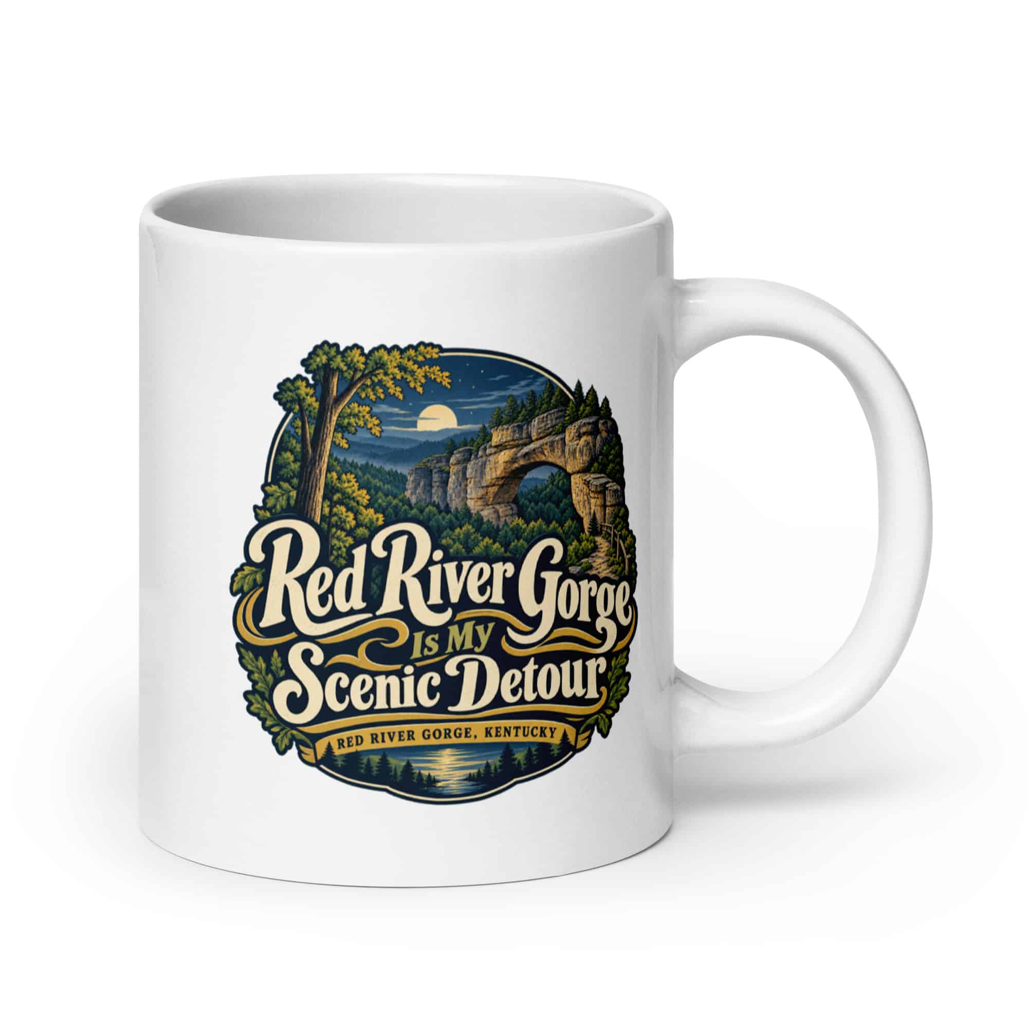 Red River Gorge White Ceramic Coffee Mug: Red River Gorge Is My Scenic Detour, Woodland Scenic Lettering