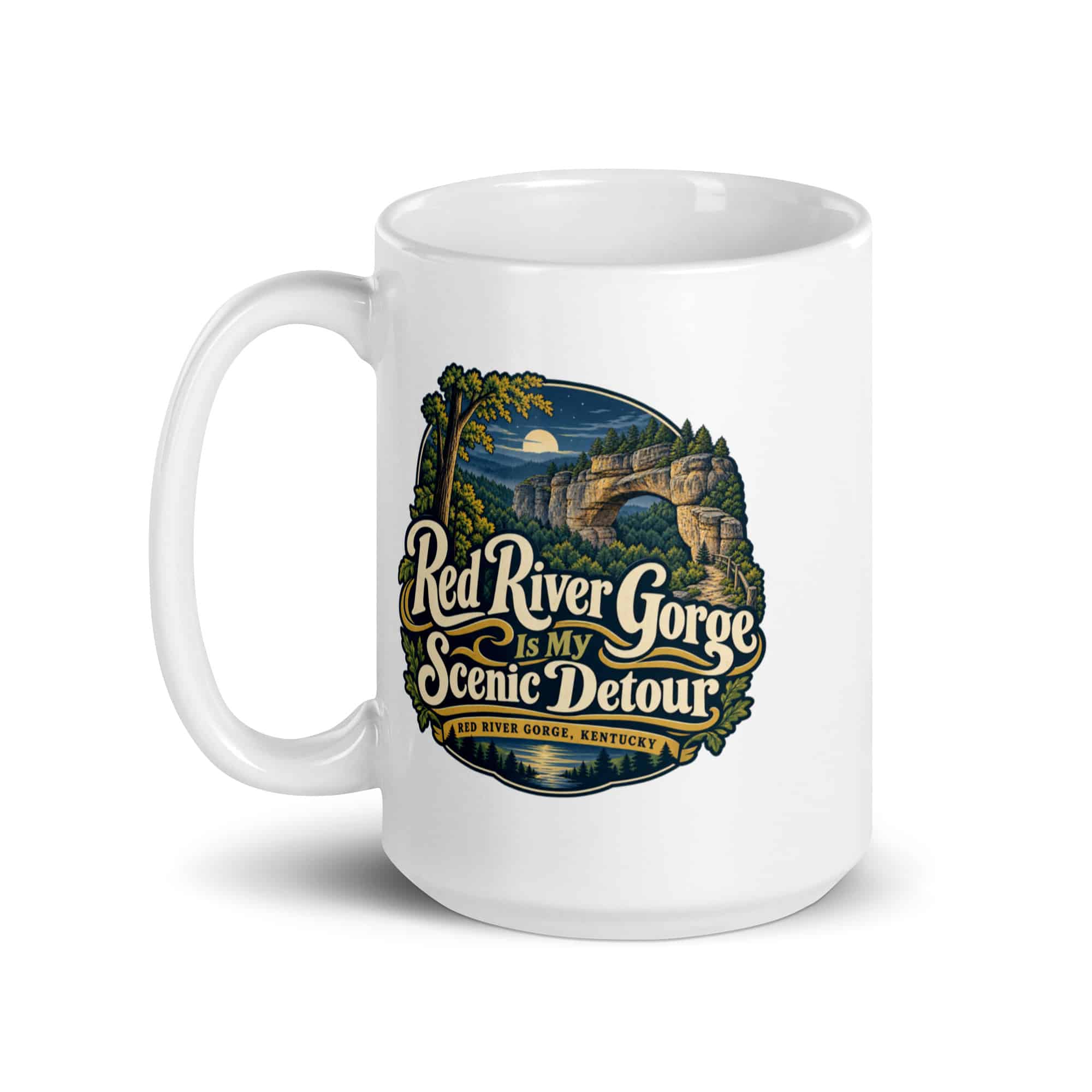 Red River Gorge White Ceramic Coffee Mug: Red River Gorge Is My Scenic Detour, Woodland Scenic Lettering