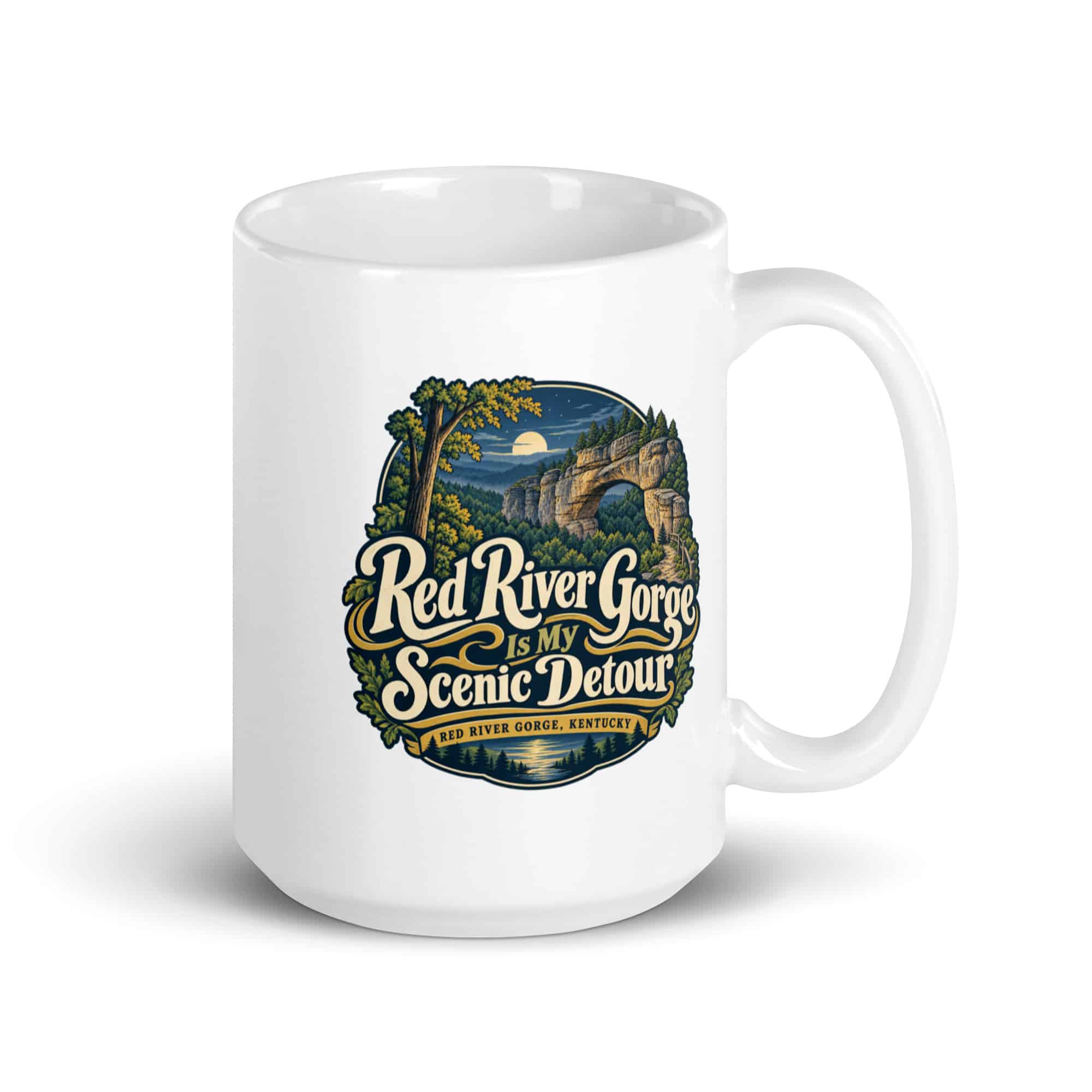 Red River Gorge White Ceramic Coffee Mug: Red River Gorge Is My Scenic Detour, Woodland Scenic Lettering