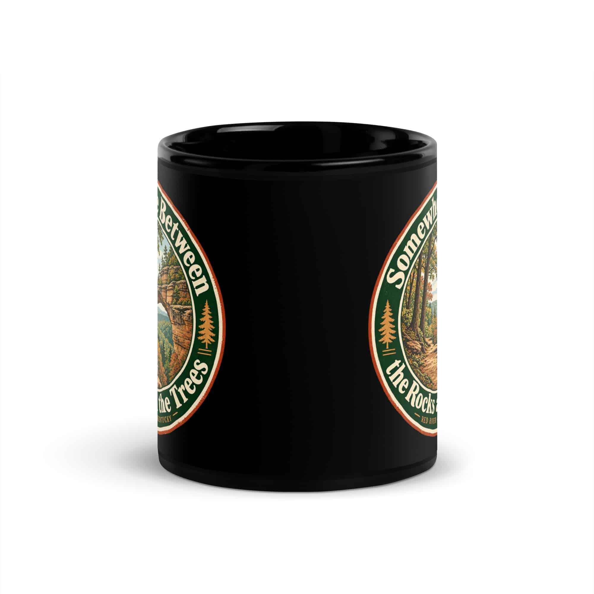 Red River Gorge Black Coffee Mug: Somewhere Between the Rocks and the Trees, Vintage Round Badge