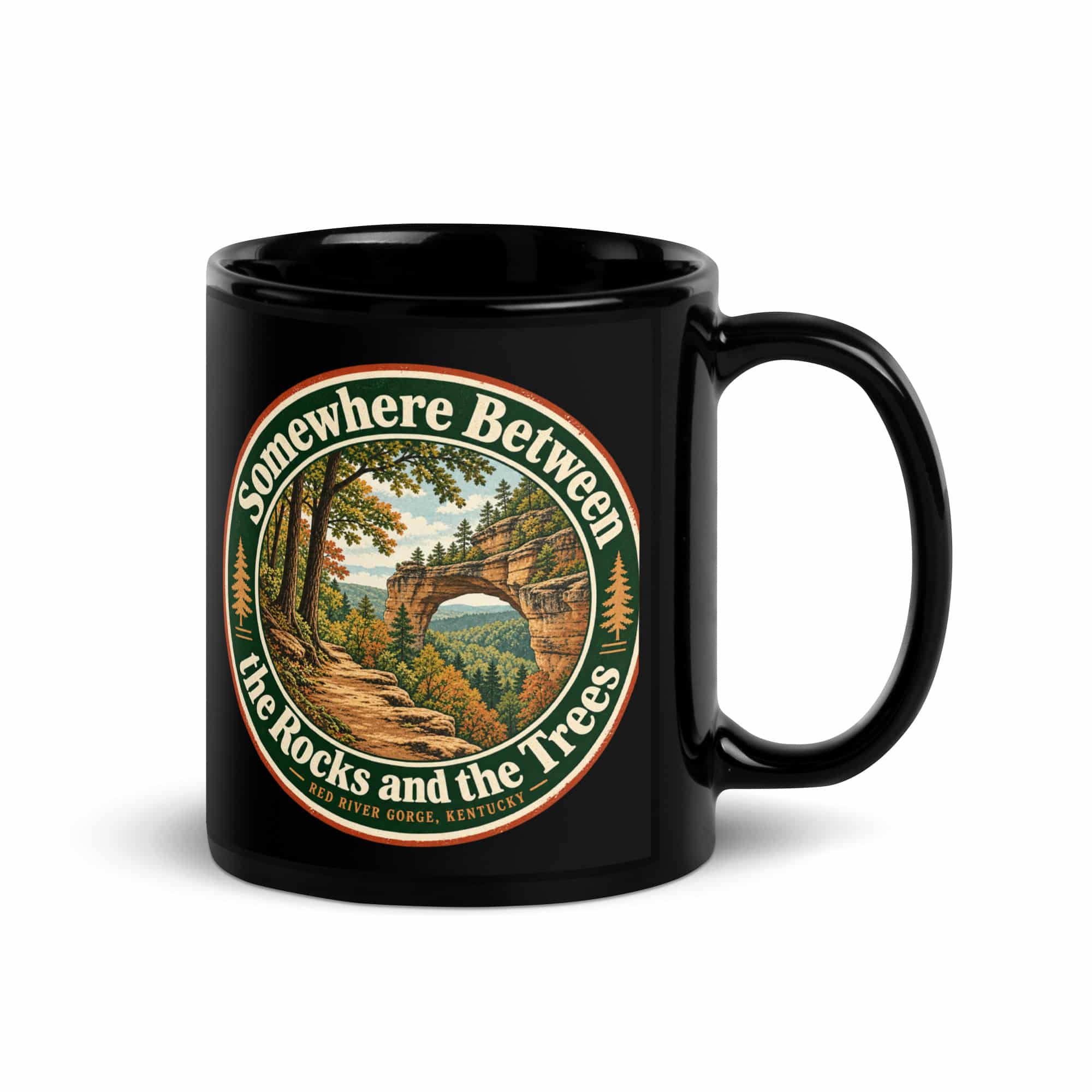Red River Gorge Black Coffee Mug: Somewhere Between the Rocks and the Trees, Vintage Round Badge