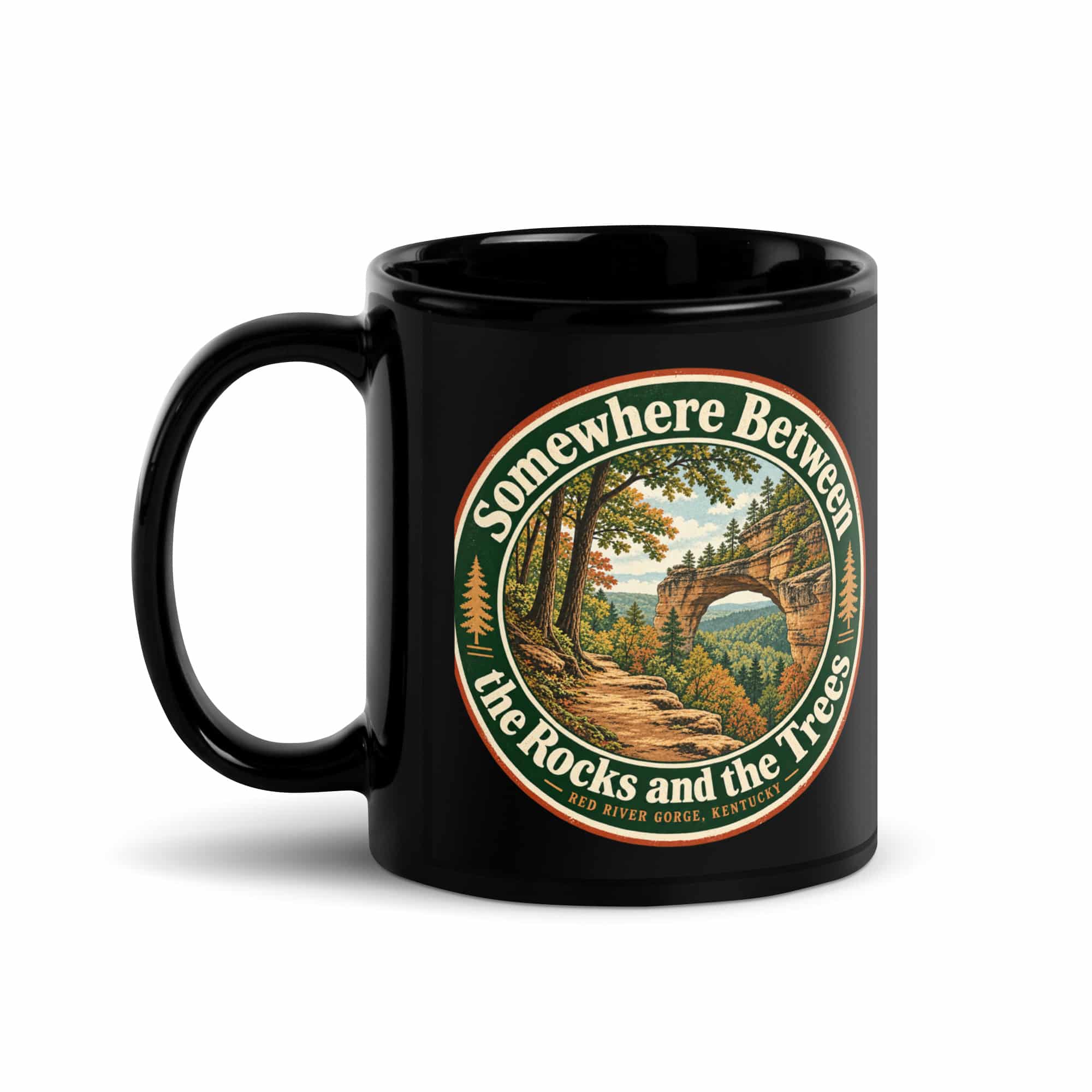 Red River Gorge Black Coffee Mug: Somewhere Between the Rocks and the Trees, Vintage Round Badge