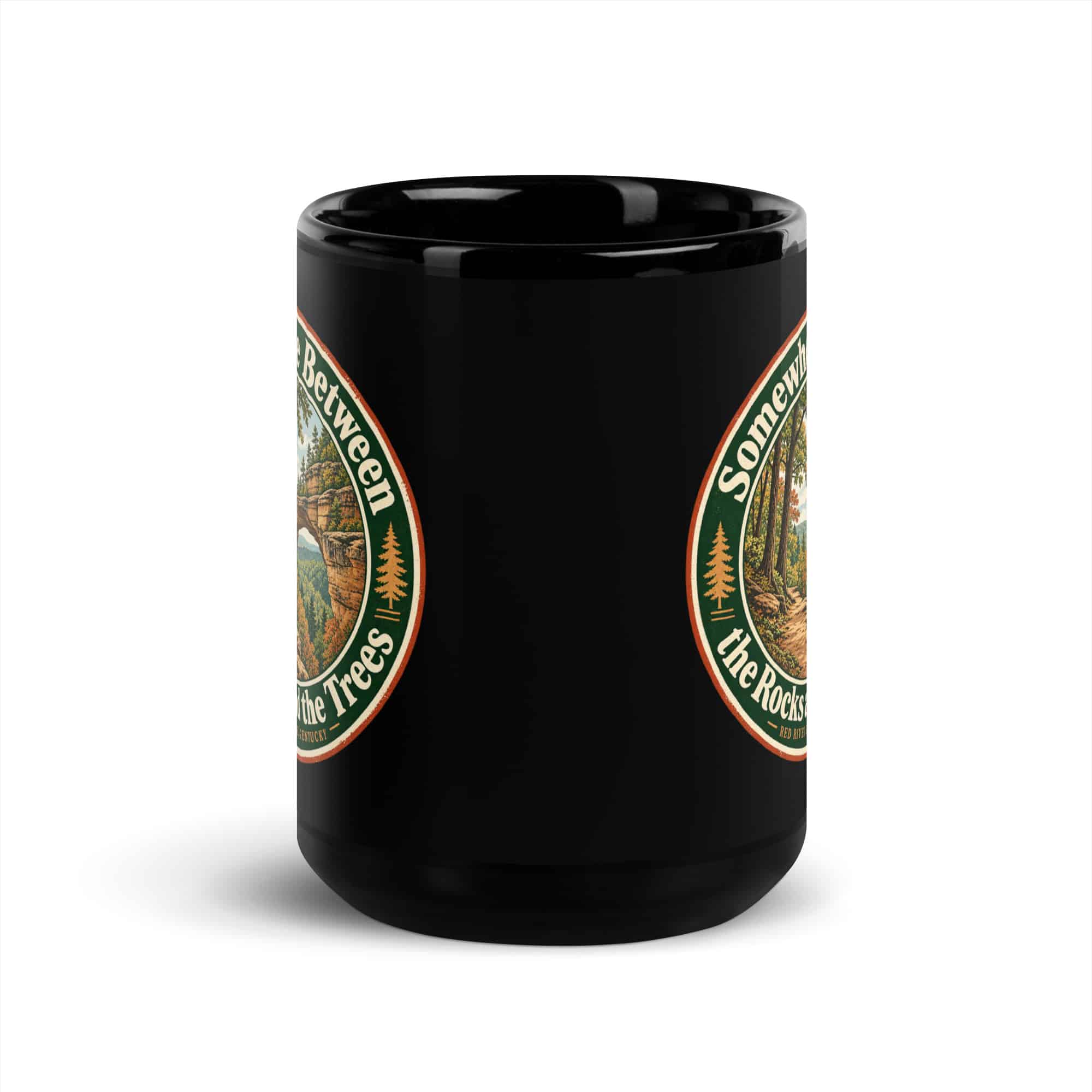 Red River Gorge Black Coffee Mug: Somewhere Between the Rocks and the Trees, Vintage Round Badge