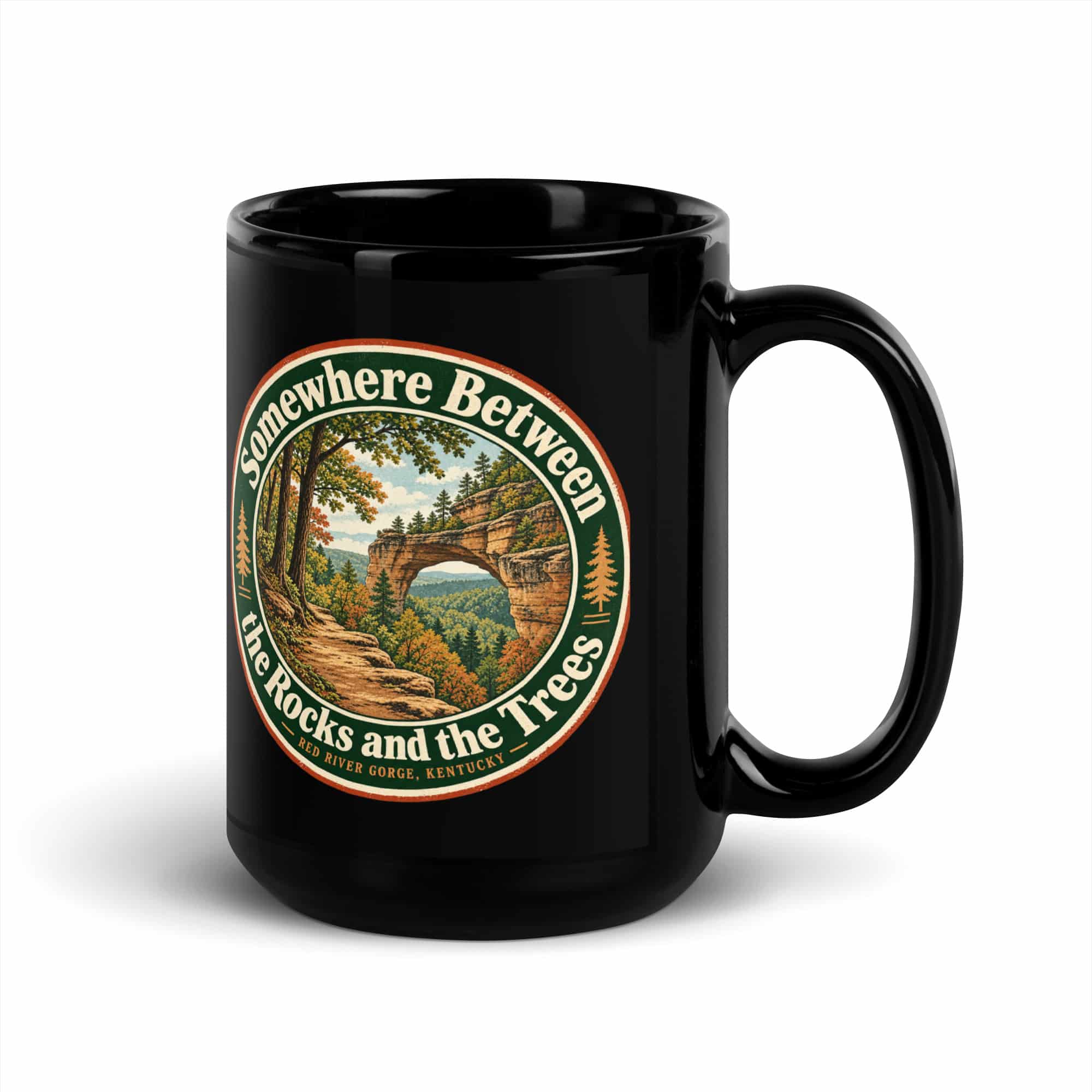 Red River Gorge Black Coffee Mug: Somewhere Between the Rocks and the Trees, Vintage Round Badge
