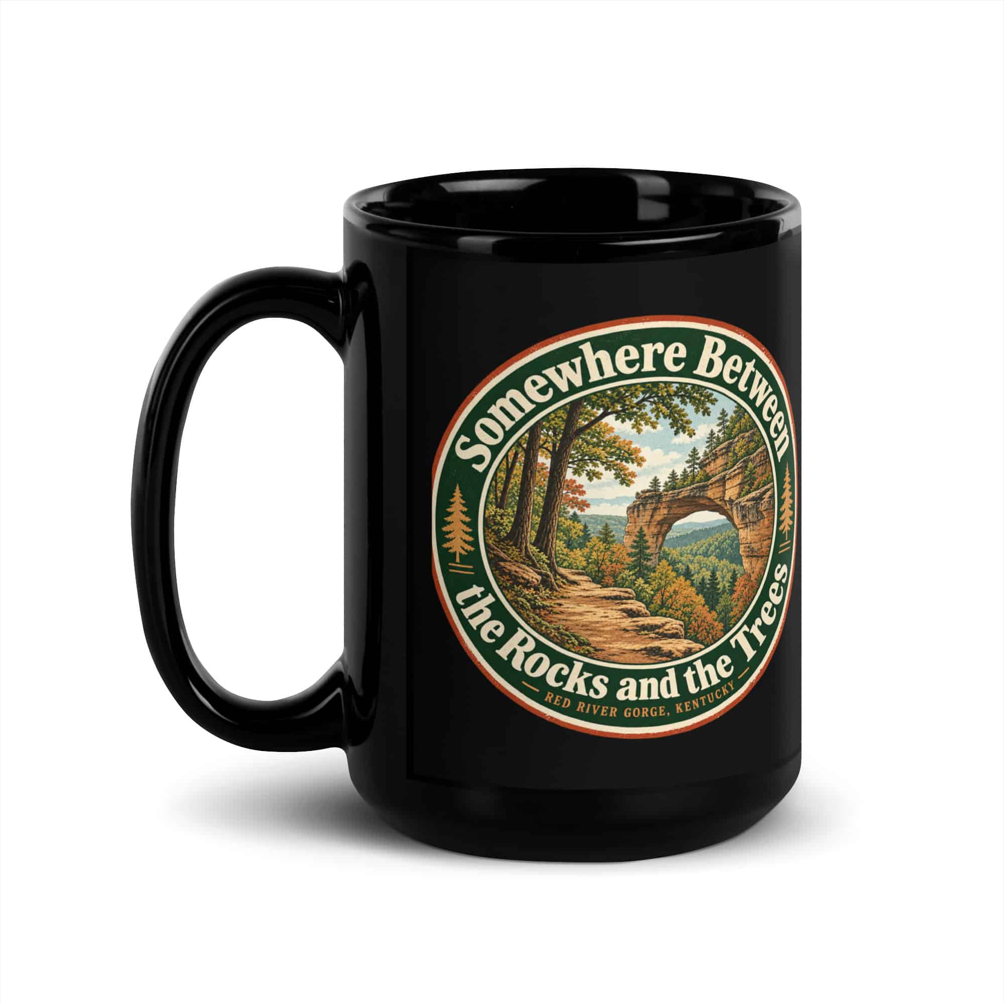 Red River Gorge Black Coffee Mug: Somewhere Between the Rocks and the Trees, Vintage Round Badge