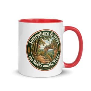 Red River Gorge Color Inside Coffee Mug: Somewhere Between the Rocks and the Trees, Vintage Round Badge - 11 oz - Main