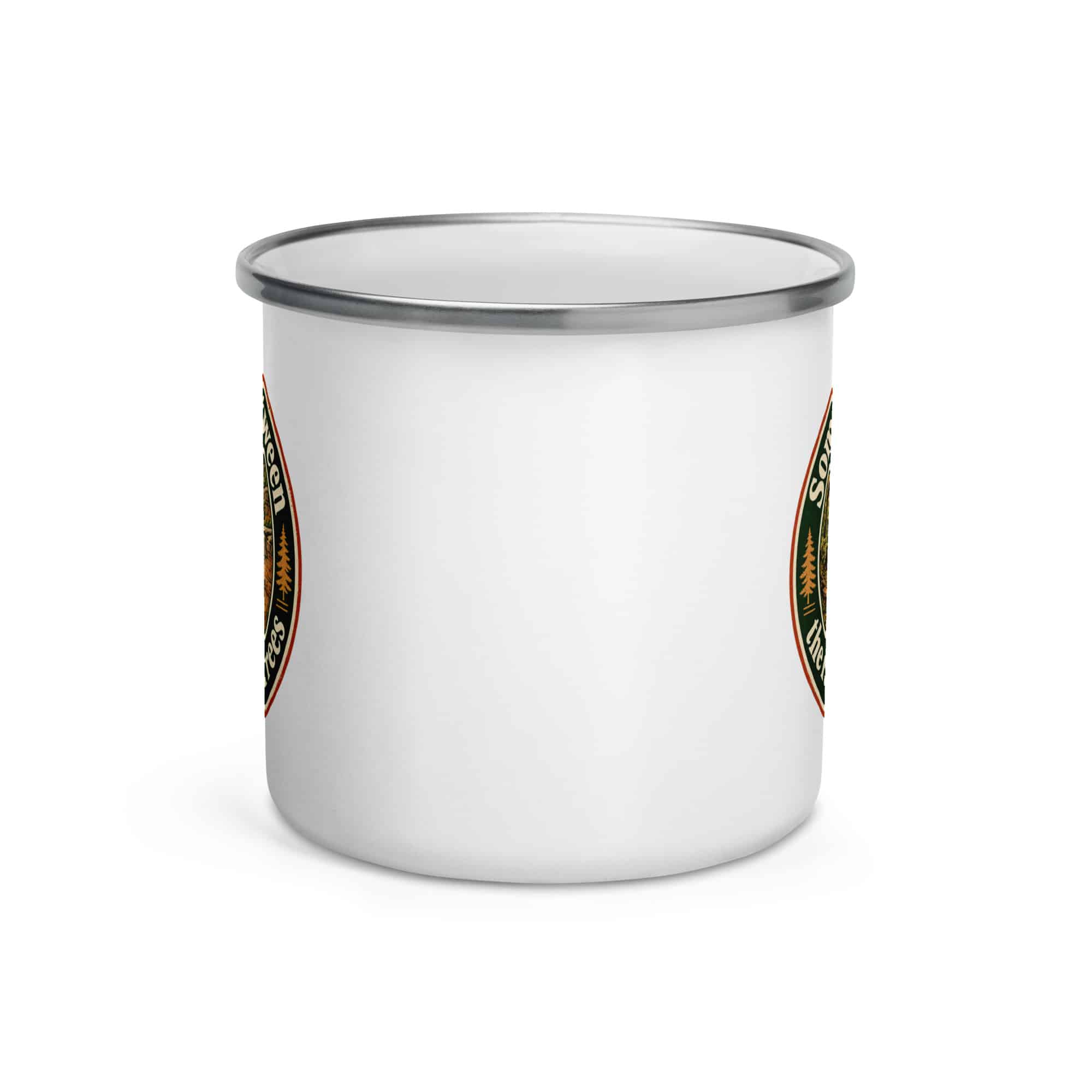 Red River Gorge Enamel Camp Mug: Somewhere Between the Rocks and the Trees, Vintage Round Badge