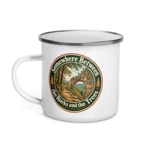Red River Gorge Enamel Camp Mug: Somewhere Between the Rocks and the Trees, Vintage Round Badge - 12 oz - Left