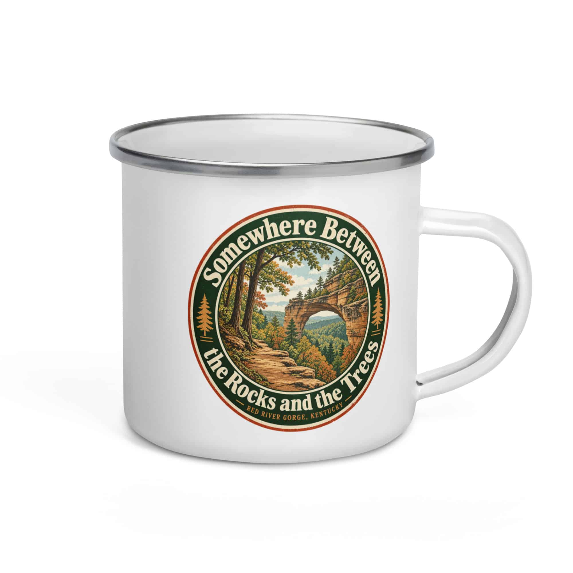 Red River Gorge Enamel Camp Mug: Somewhere Between the Rocks and the Trees, Vintage Round Badge