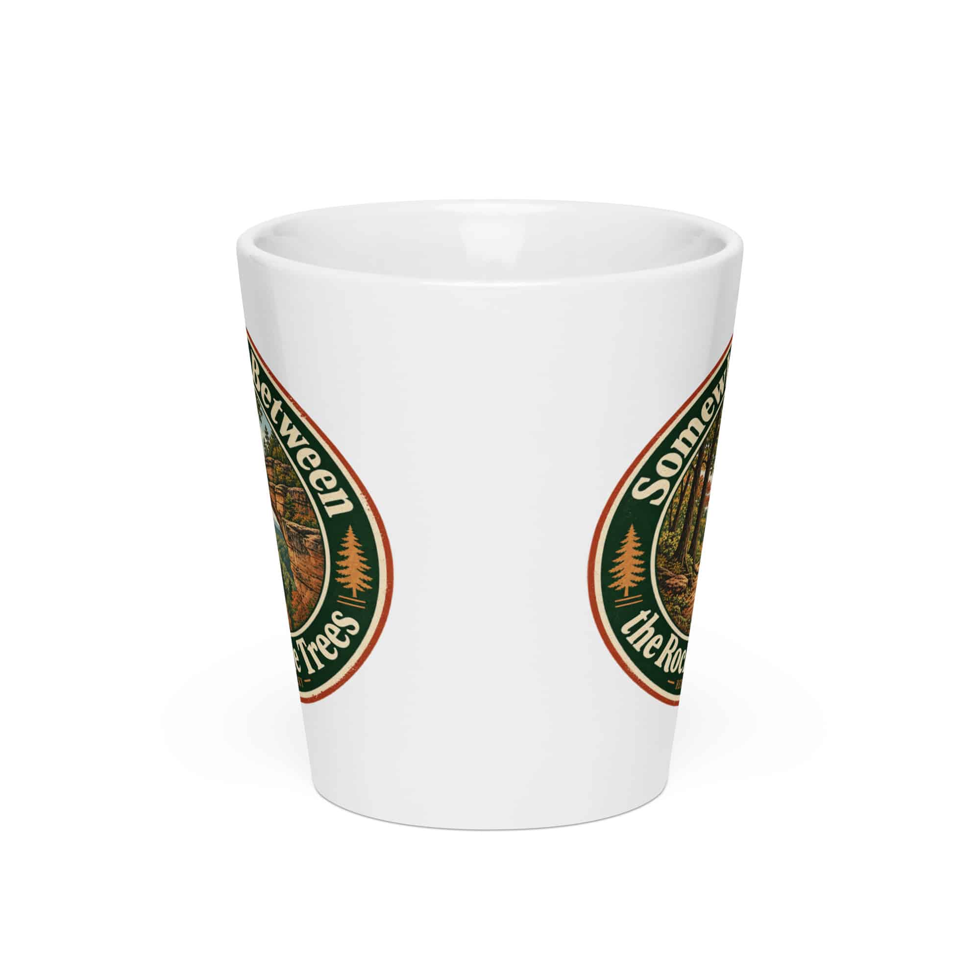 Red River Gorge Latte Mug: Somewhere Between the Rocks and the Trees, Vintage Round Badge