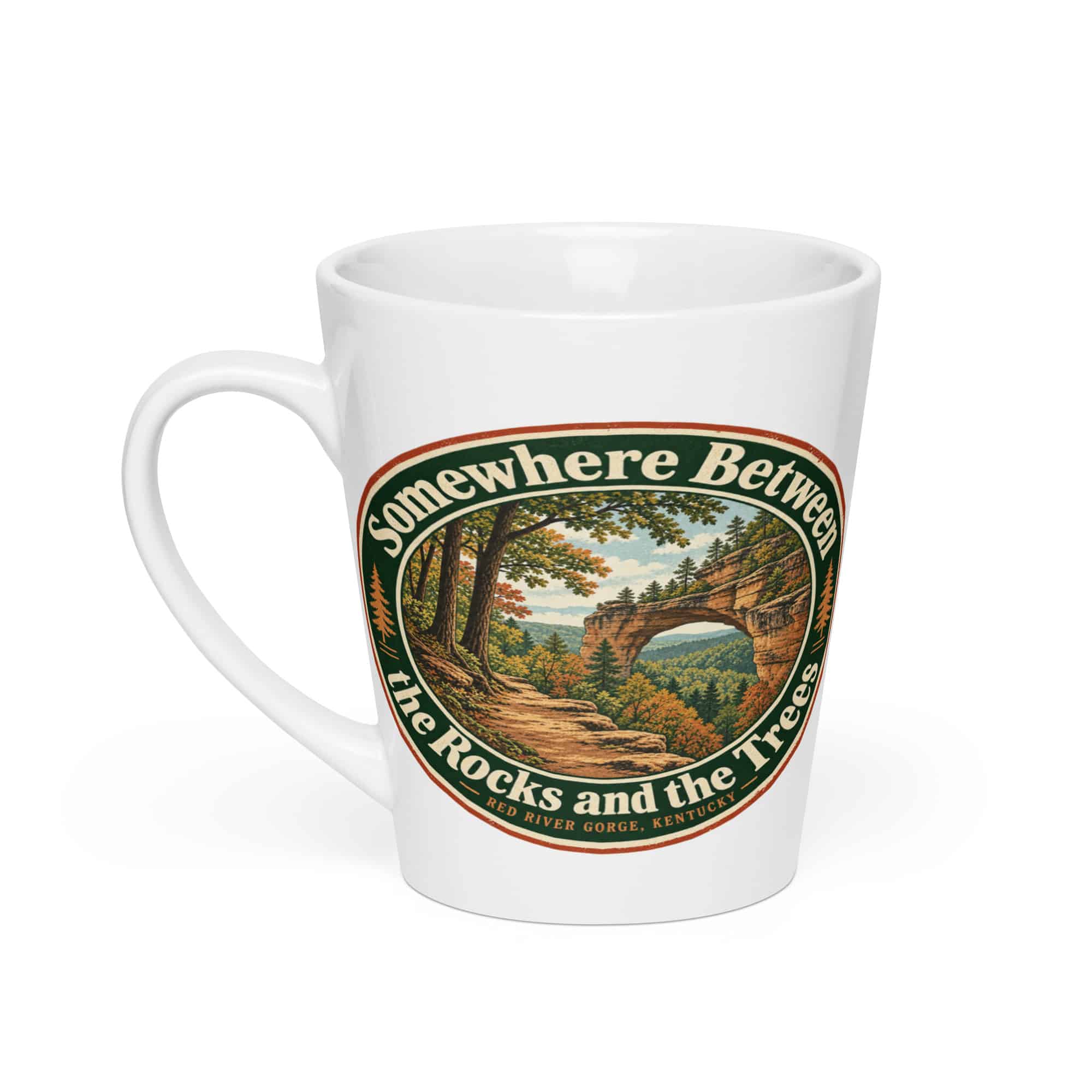 Red River Gorge Latte Mug: Somewhere Between the Rocks and the Trees, Vintage Round Badge