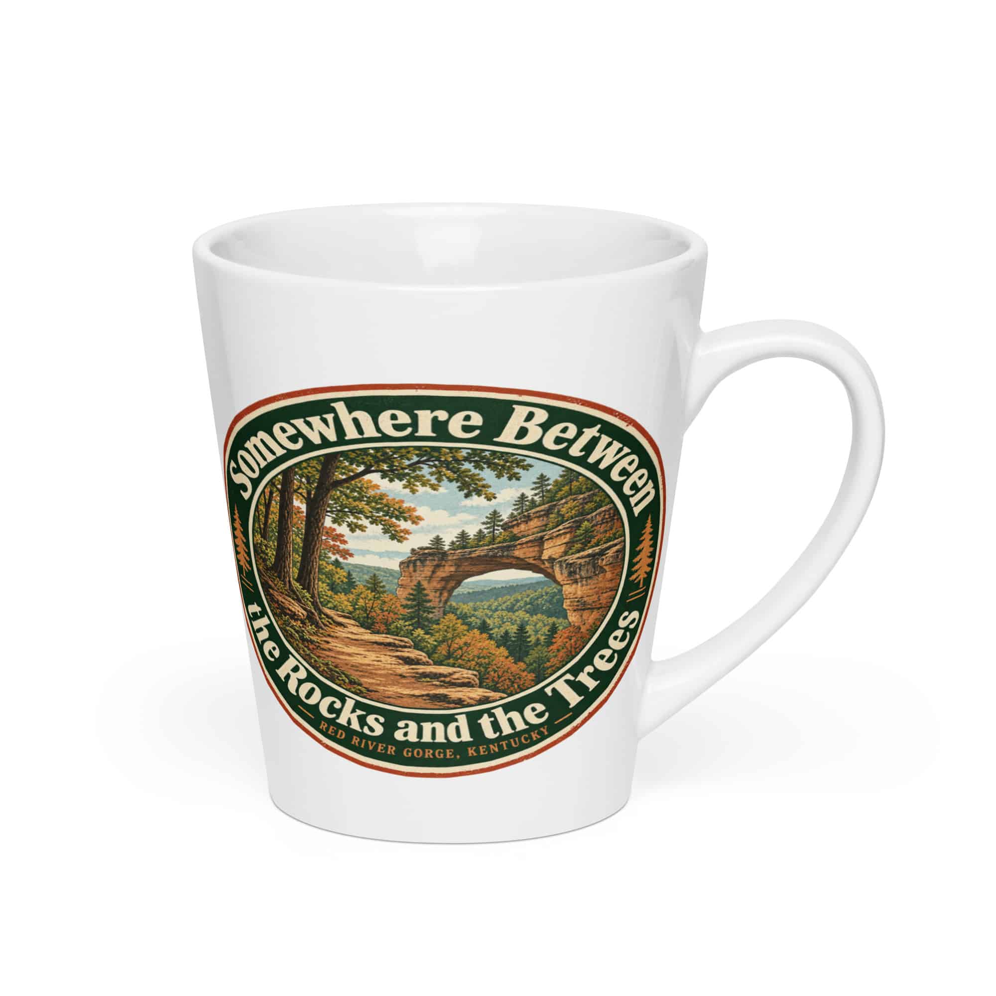 Red River Gorge Latte Mug: Somewhere Between the Rocks and the Trees, Vintage Round Badge