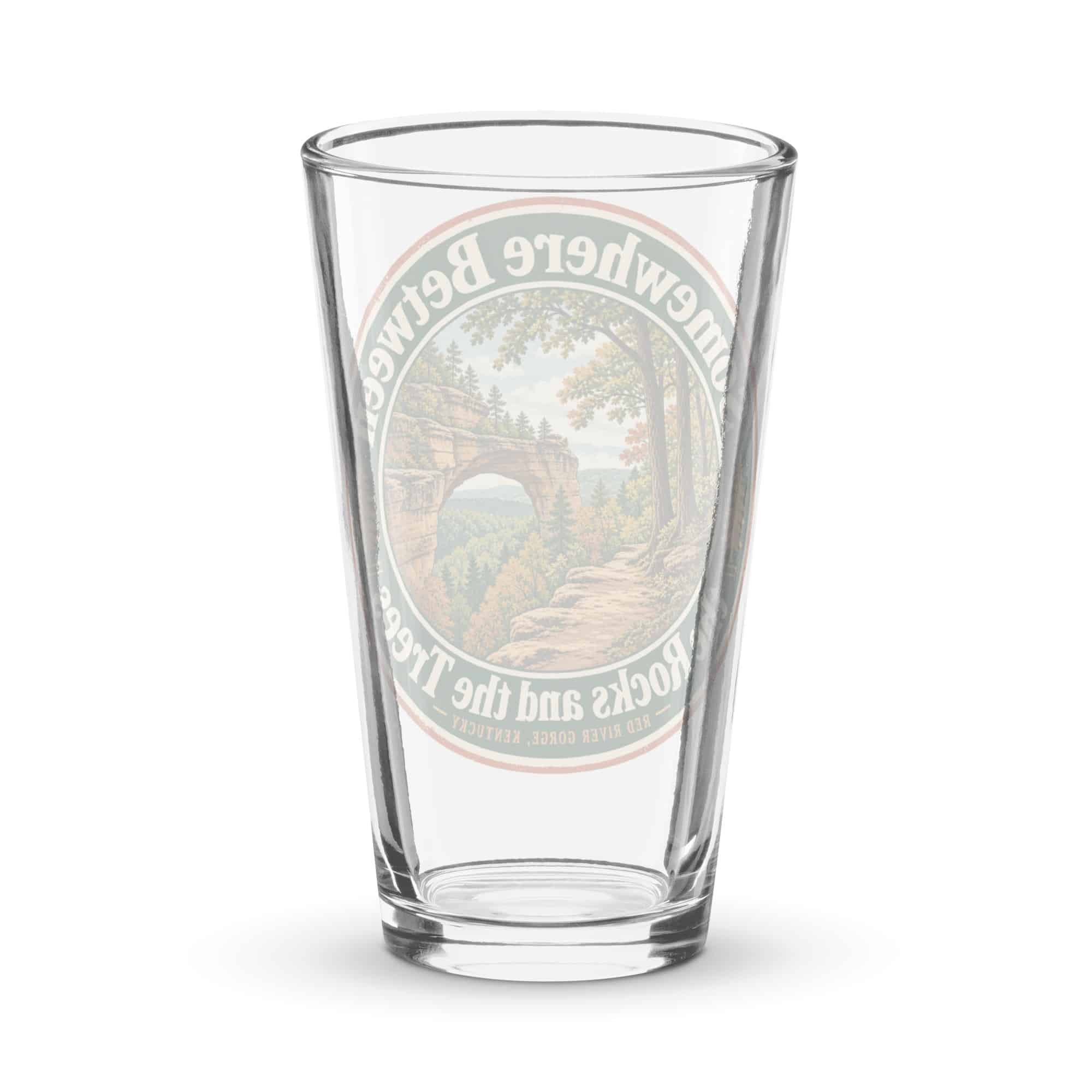 Red River Gorge Pint Glass: Somewhere Between the Rocks and the Trees, Vintage Round Badge