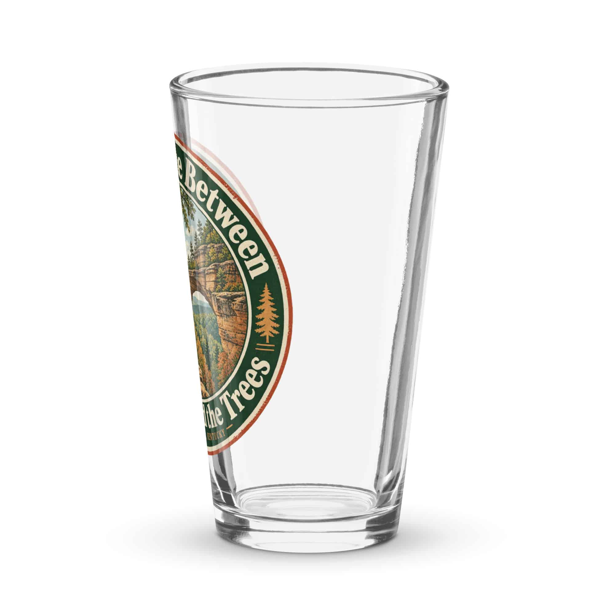 Red River Gorge Pint Glass: Somewhere Between the Rocks and the Trees, Vintage Round Badge