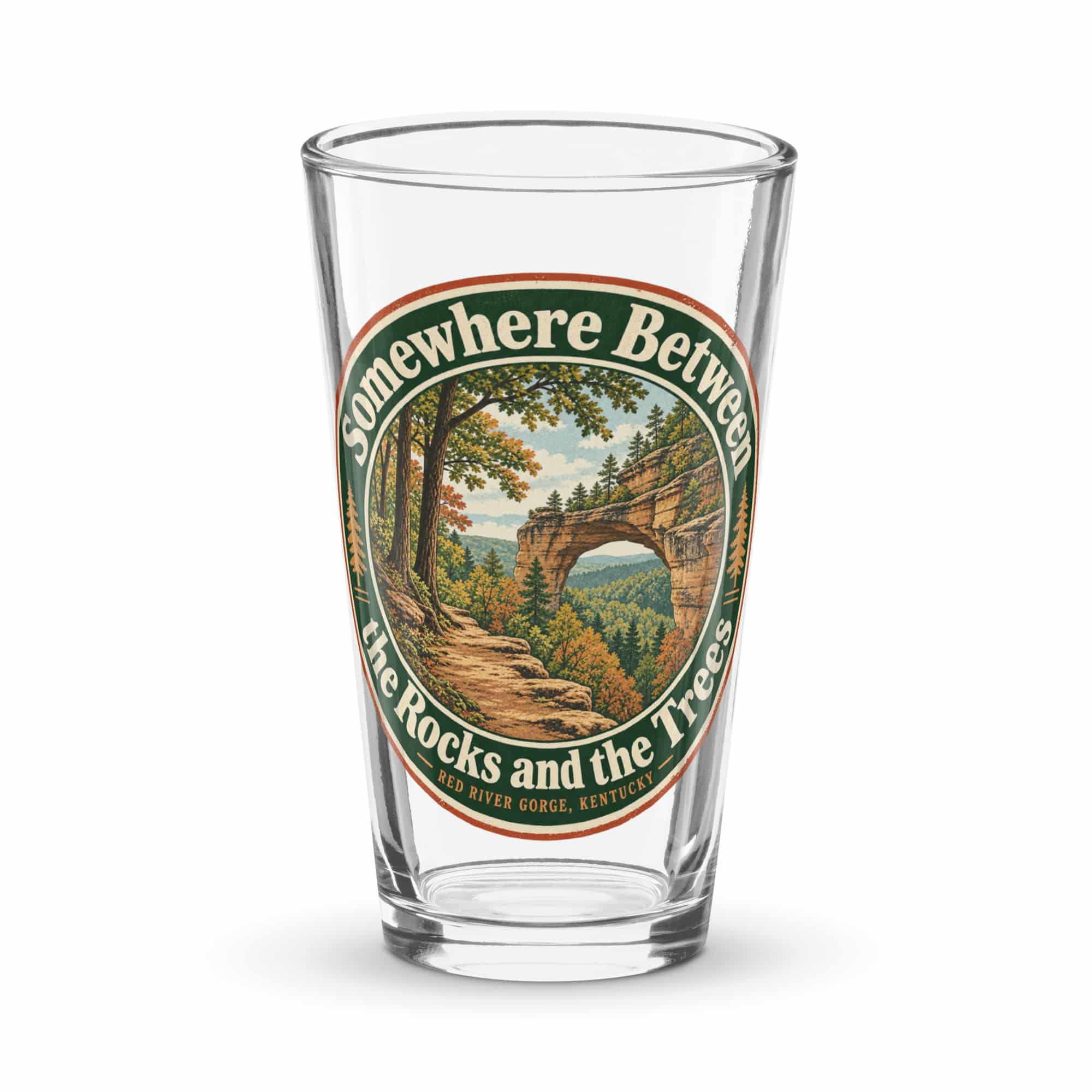 Red River Gorge Pint Glass: Somewhere Between the Rocks and the Trees, Vintage Round Badge