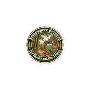 Red River Gorge Vinyl Sticker: Somewhere Between the Rocks and the Trees, Vintage Round Badge - 3″×3″ - Main