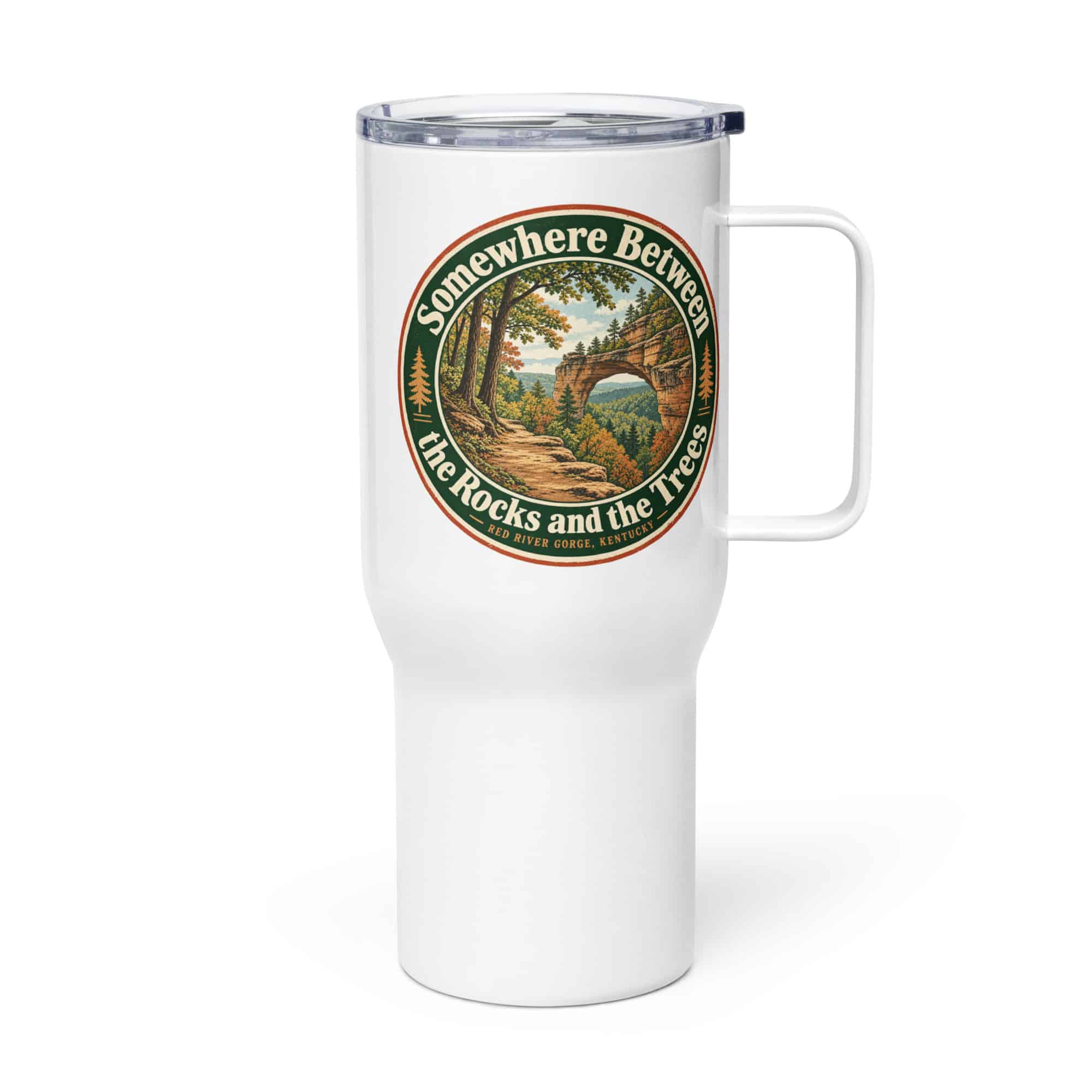 Red River Gorge Travel Mug: Somewhere Between the Rocks and the Trees, Vintage Round Badge